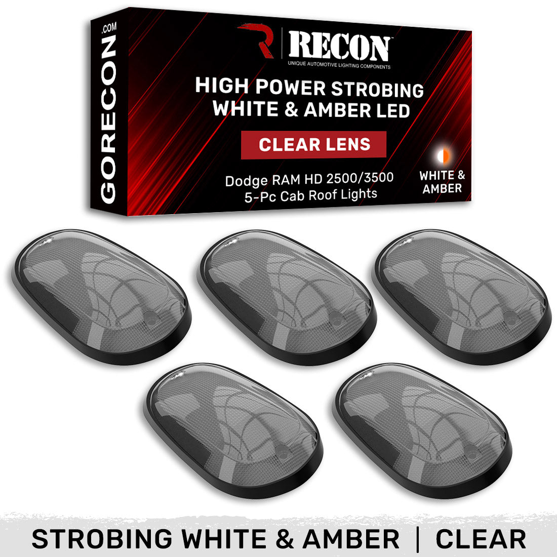 Dodge RAM 2003-2018 Heavy Duty 2500/3500 5-Piece Cab Roof LED Light Kit with Strobe - White & Amber Multiple Lens Options for Off-Road, Emergency & Work Truck Lighting