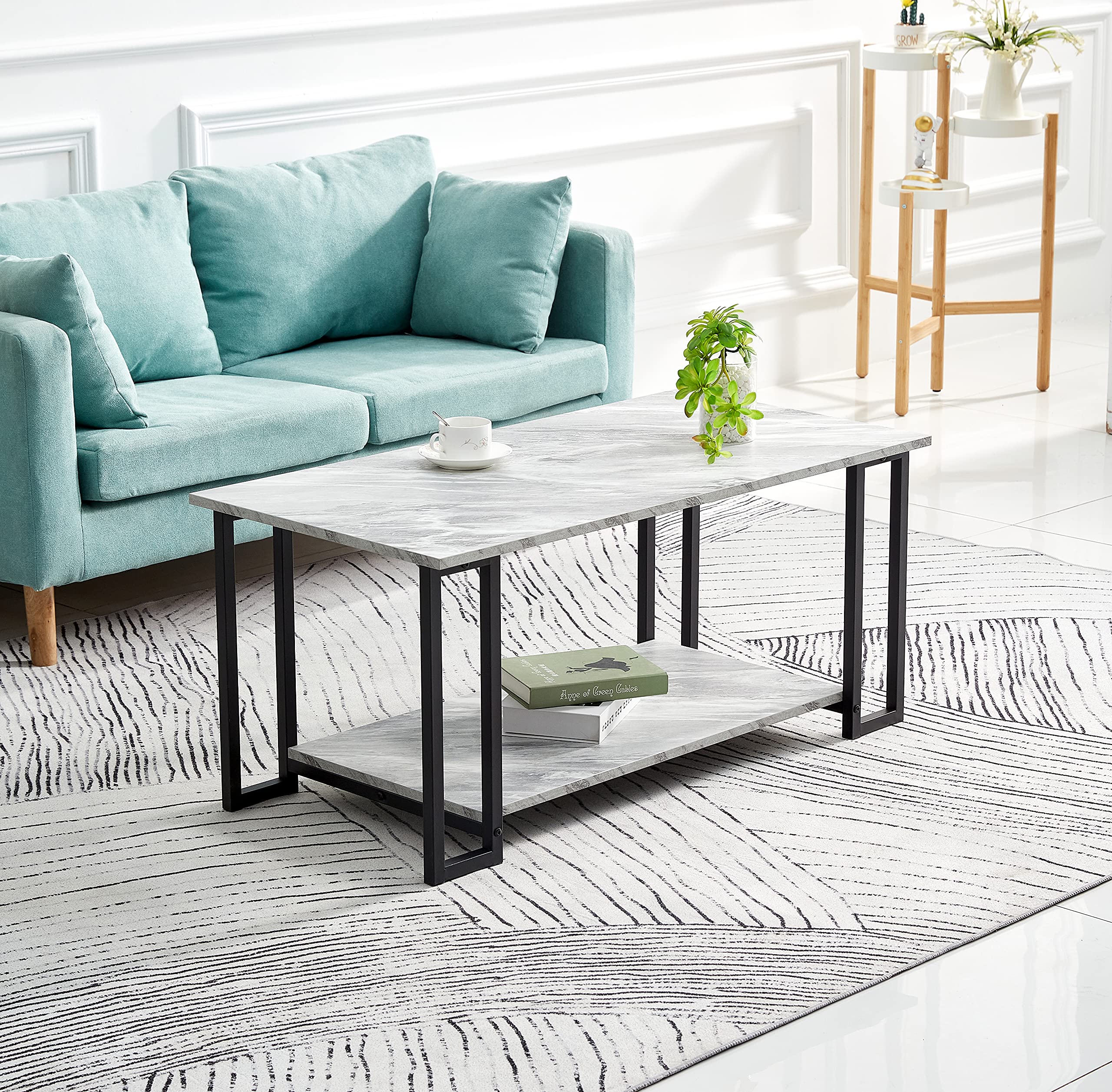 Modern White Marble Coffee Table - Square MDF Side Table with Iron Base for Living Room, Office, Balcony & Dining Room - Elegant Home Decor & Tea Table for Cozy Gatherings