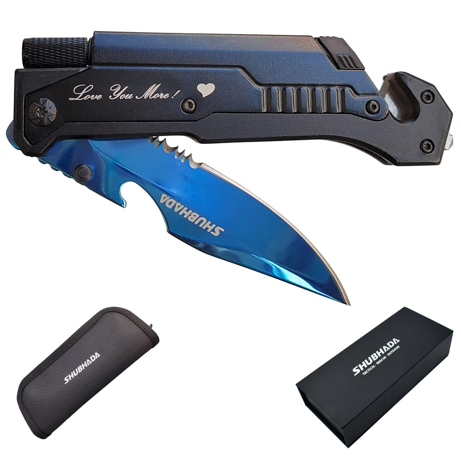Blue Titanium Multi-Tool Pocket Knife - 12-in-1 Survival Knife with LED Light, Fire Starter, Seatbelt Cutter, Glass Breaker & Bottle Opener | Perfect Father's Gift, Camping, Hiking & Emergency Preparedness