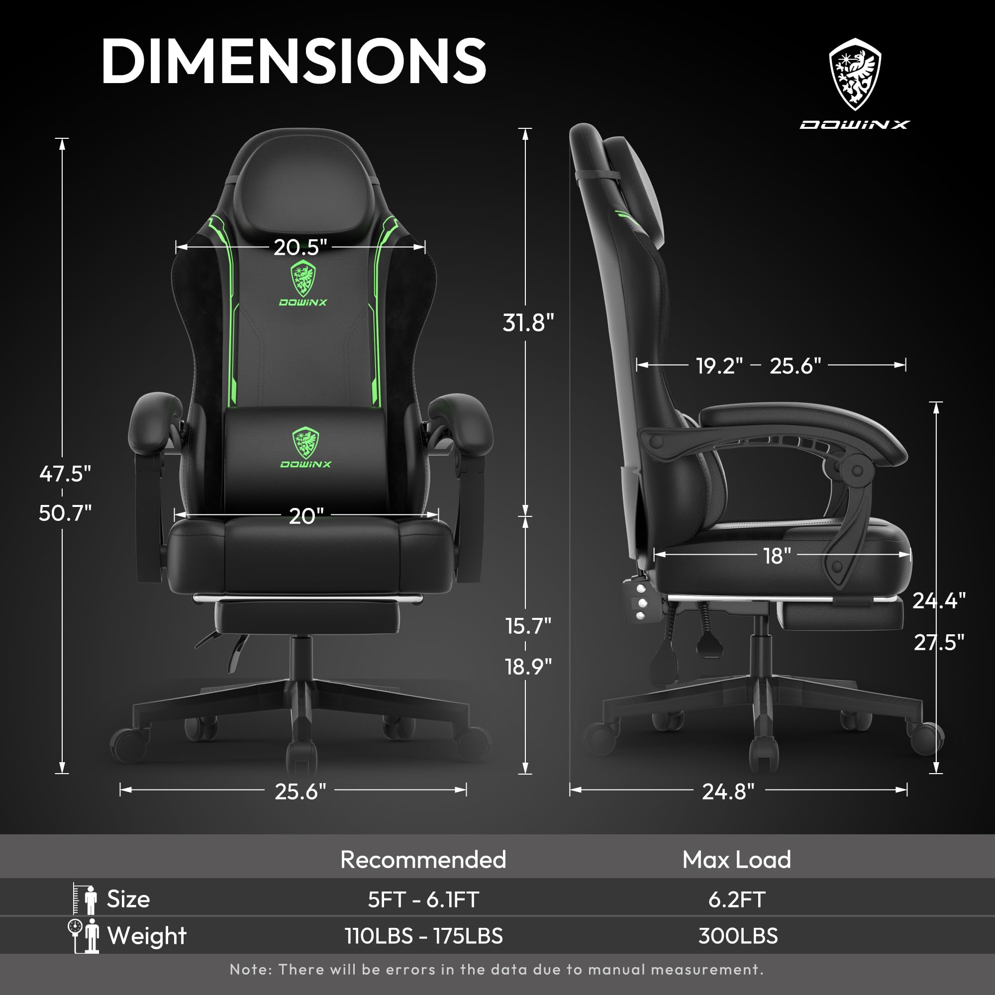 Dowinx Ergonomic Gaming Chair with Pocket Spring Cushion & Footrest - Massage Lumbar Support High Back Office Chair for Adults, 300LBS Capacity, Green Leather Computer Chair - Perfect for PC Gaming, Esports & Home Office Workspace