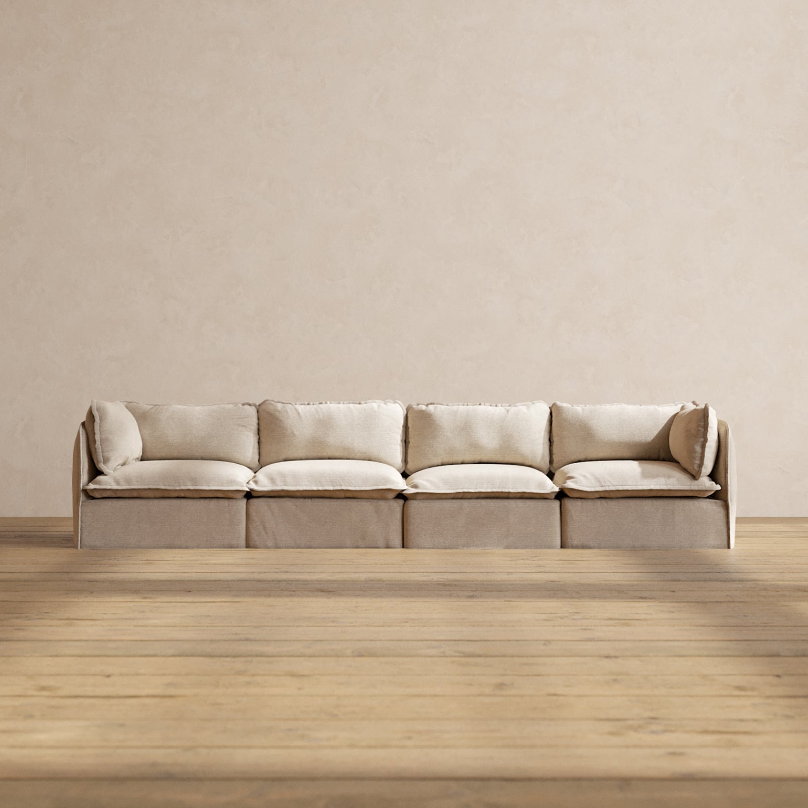 Modular Performance 4-Seater Sofa in Oat Color | Relaxed Blend Fabric | Perfect for Living Rooms, Family Gatherings & Cozy Home Decor
