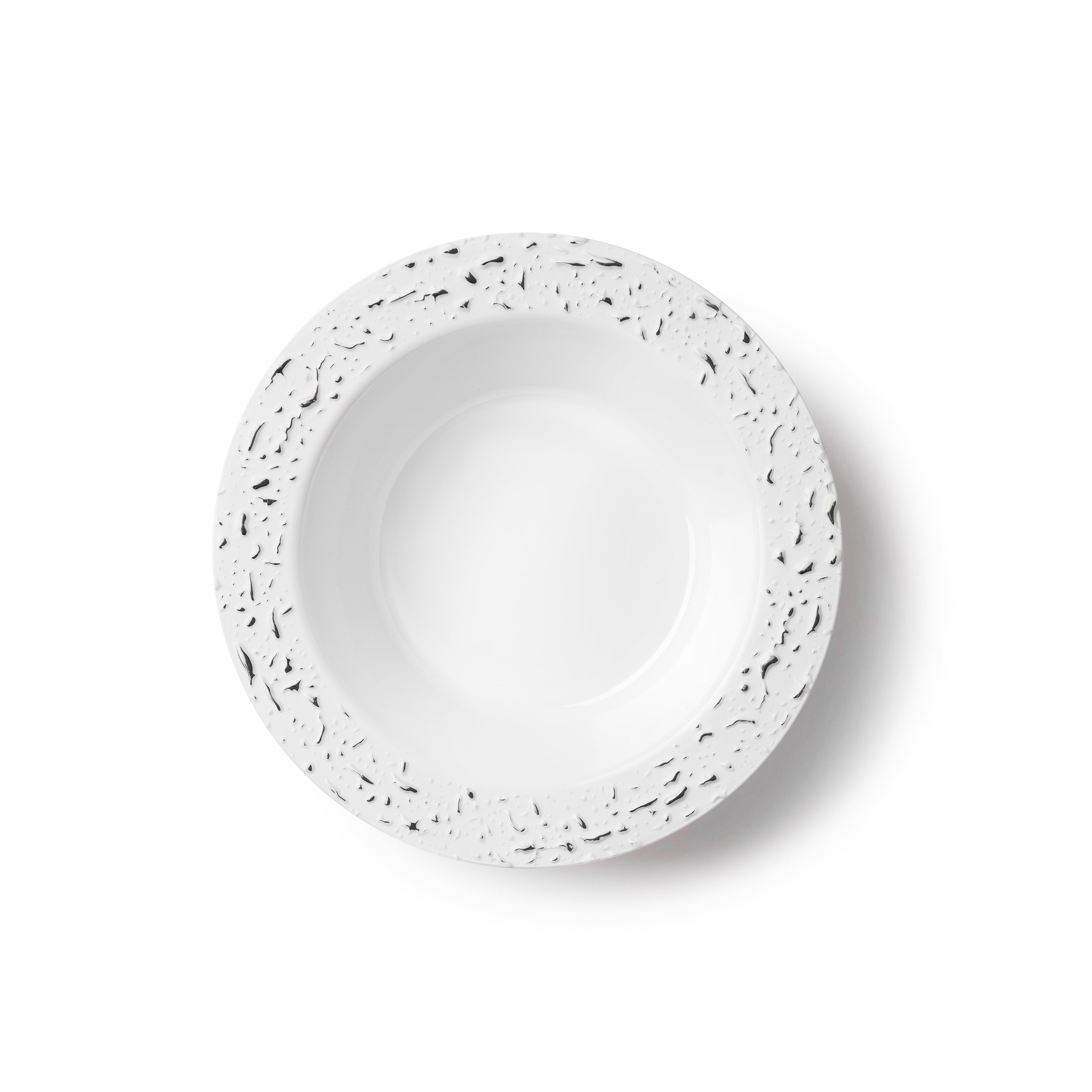 32-Pack White and Silver Round Plastic Soup/Dessert Plates Set for 16 Guests - Elegant Pebbled Texture - Perfect for Parties, Weddings, and Catering Events