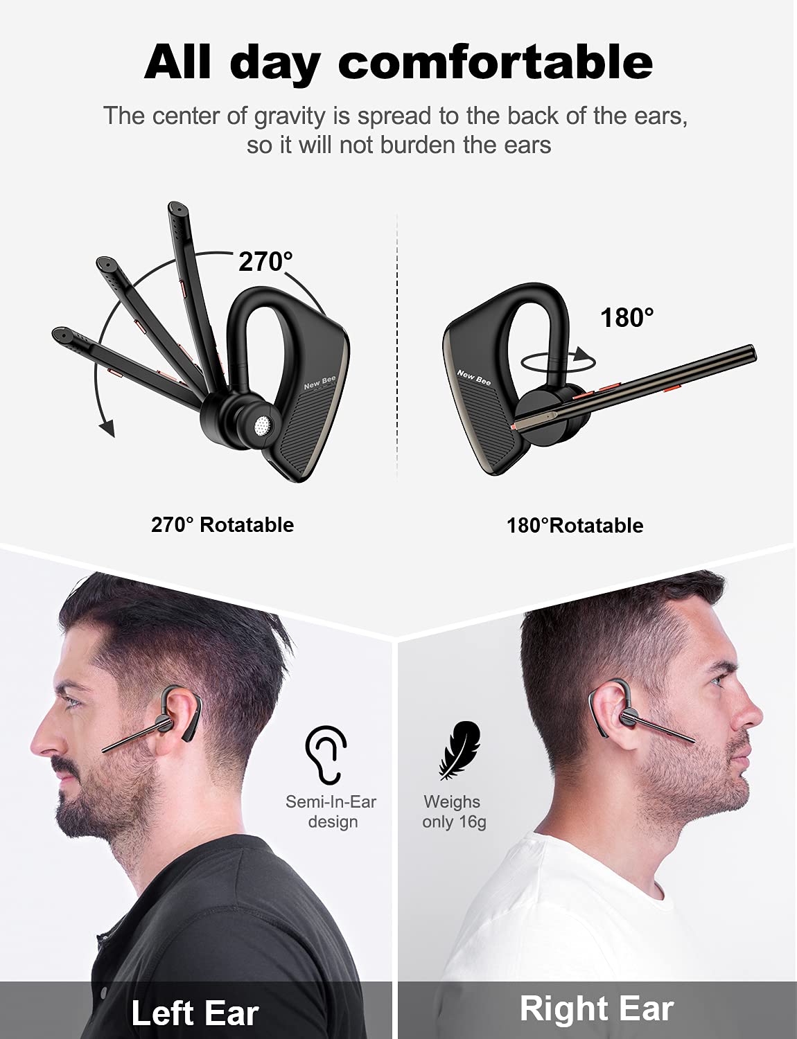 Wireless Bluetooth Earpiece V5.2 - Single Ear Lightweight Headset with 24H Talk Time, Noise Cancelling Mic for iPhone Android Laptop - Perfect for Driving, Office Calls & Online Meetings