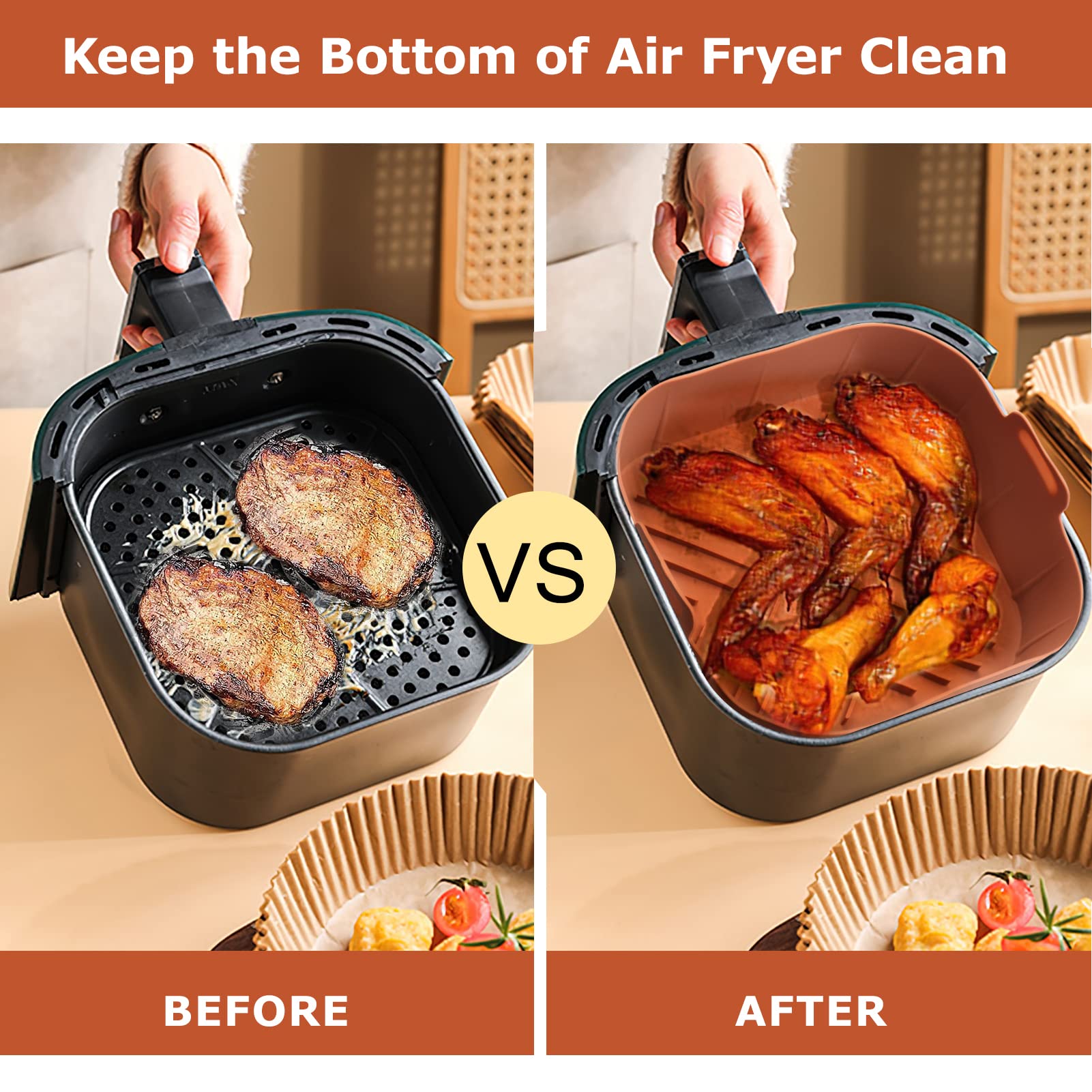 Non-Toxic Silicone Air Fryer Basket Liners Square - 2 Pack Reusable Air Fryer Accessories (8.5 Inch) for Healthy Cooking | Perfect for Philips, Ninja, Cosori & More Air Fryers | Easy Clean & Oil-Free Frying for Chicken Wings, French Fries & Vegetables