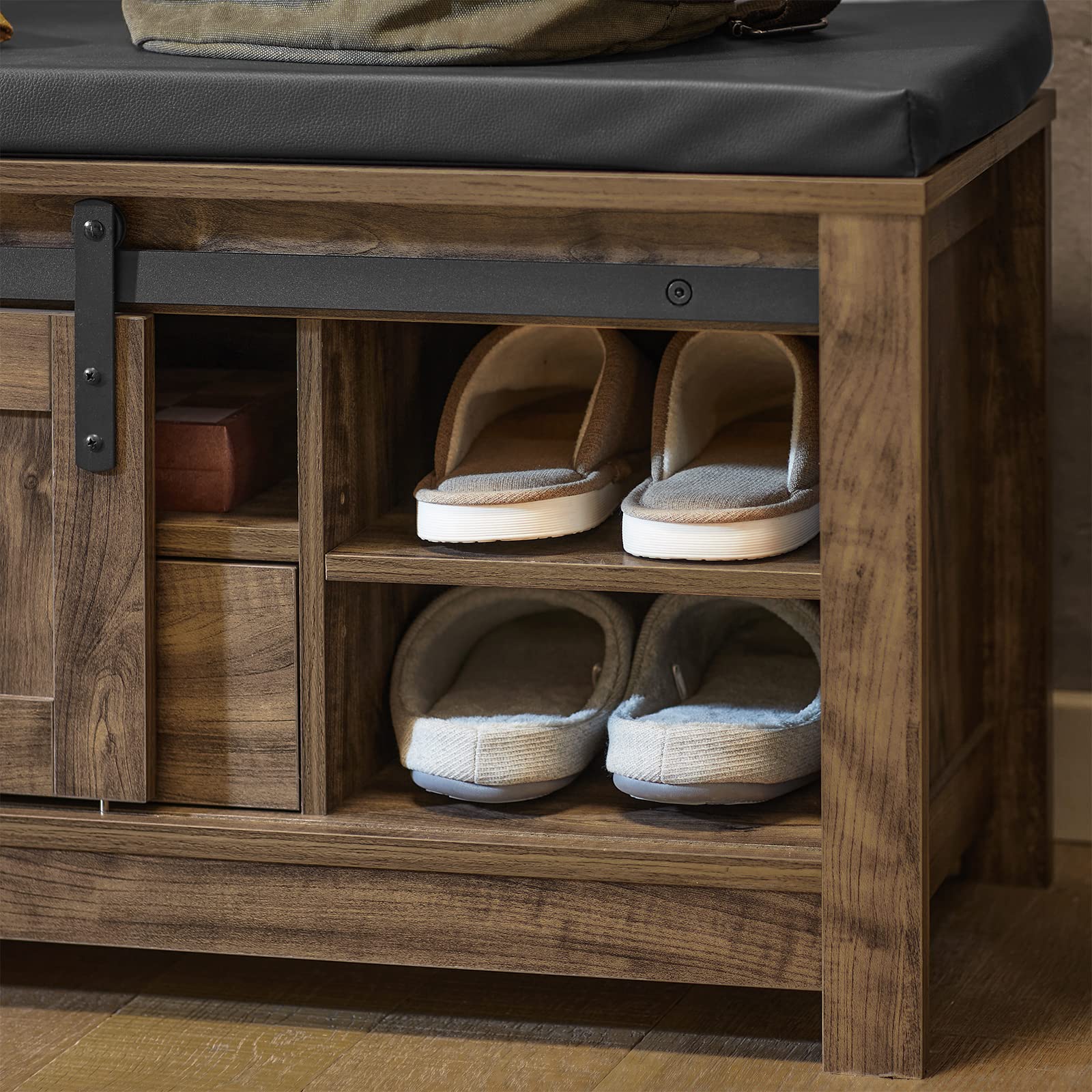 Haotian Industrial Style Shoe Storage Bench with Sliding Barn Doors - Entryway Hallway Shoe Cabinet with Drawer & Padded Seat Cushion - Rustic Window Bench for Mudroom, Living Room or Bedroom - Brown (FSR118-N)