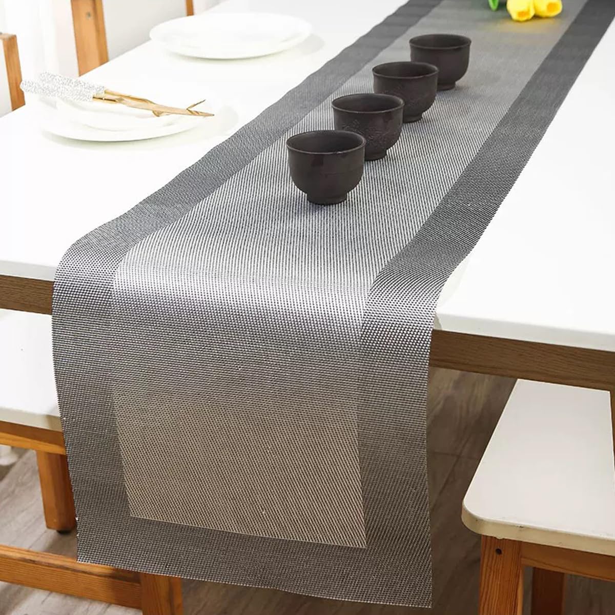 Modern Elegant Washable Vinyl Placemats Set of 6 with Table Runner - Non-Slip Durable Table Mats for Dining Room, Kitchen, Party Decor (6 Placemats + 1 Runner, Silver)