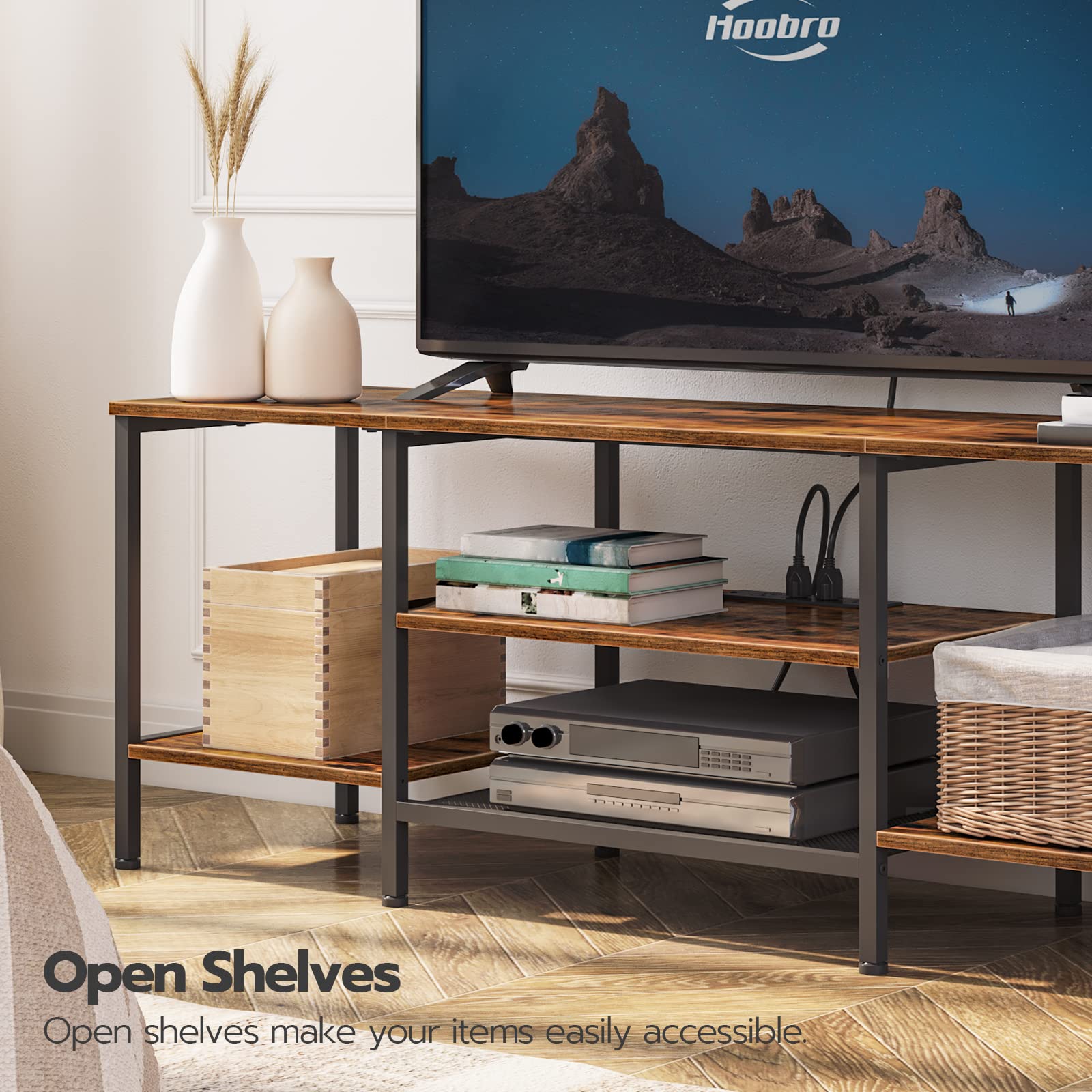 HOOBRO 75 Inch TV Stand with Power Outlets, Industrial TV Console Table with Open Storage Shelves & Cabinet, Rustic Brown and Black Media Entertainment Center - Perfect for Living Room, Bedroom, Home Theater Setup (Model BF80DS01)
