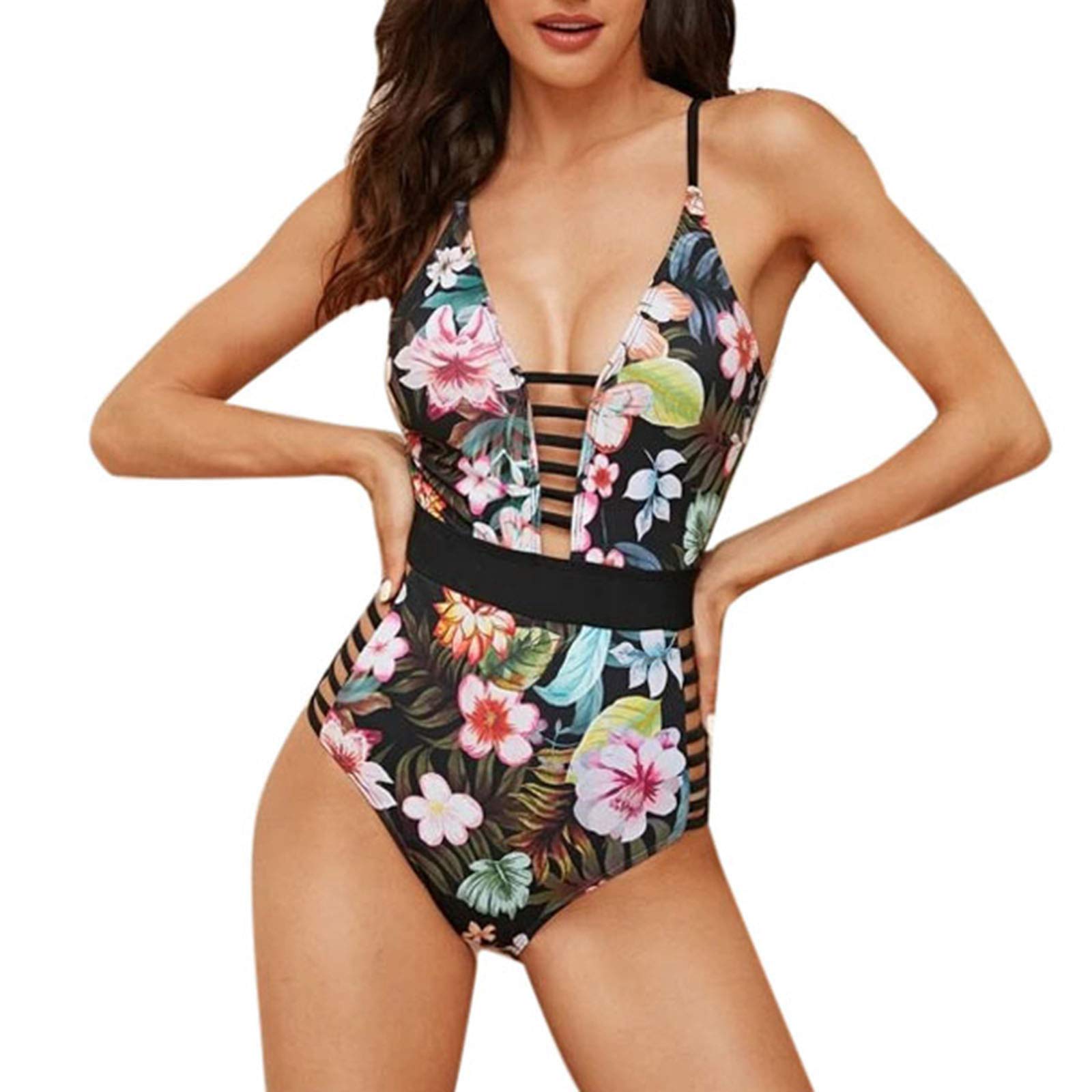 Sexy Women's Hollow Out Sling Bikini Swimsuits - Floral Print One Piece Swimsuit for Beach, Pool & Summer Vacation #977
