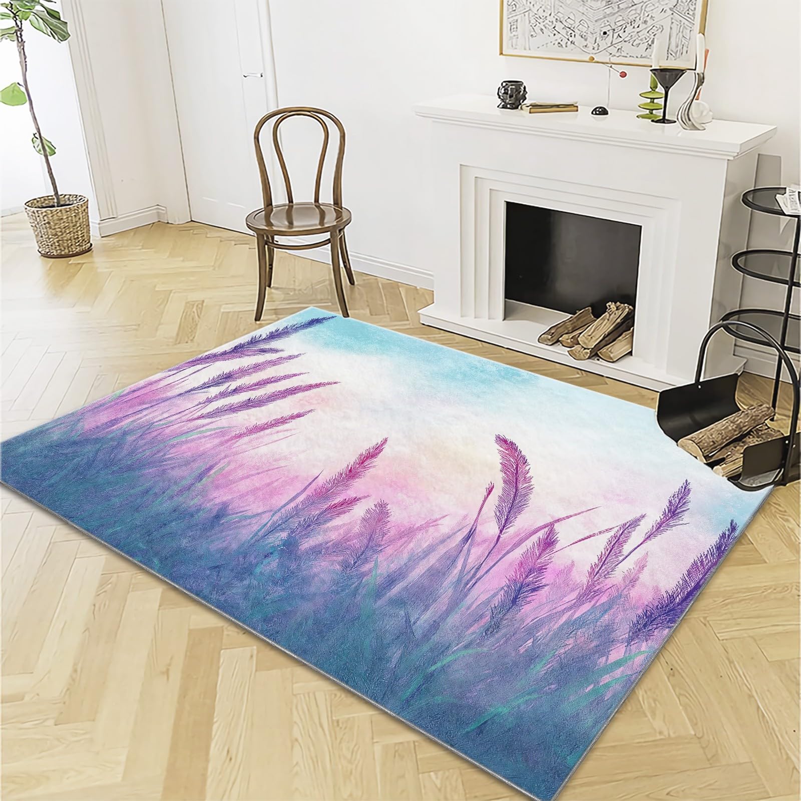 Spring Themed Purple & Blue Faux Wool Area Rug - Non-Slip, Machine Washable 7x8 Ft Soft Rug for Kids Bedroom, Living Room, Dining Room, Nursery & Home Office Decor - Perfect for Cozy Family Gatherings and Playtime