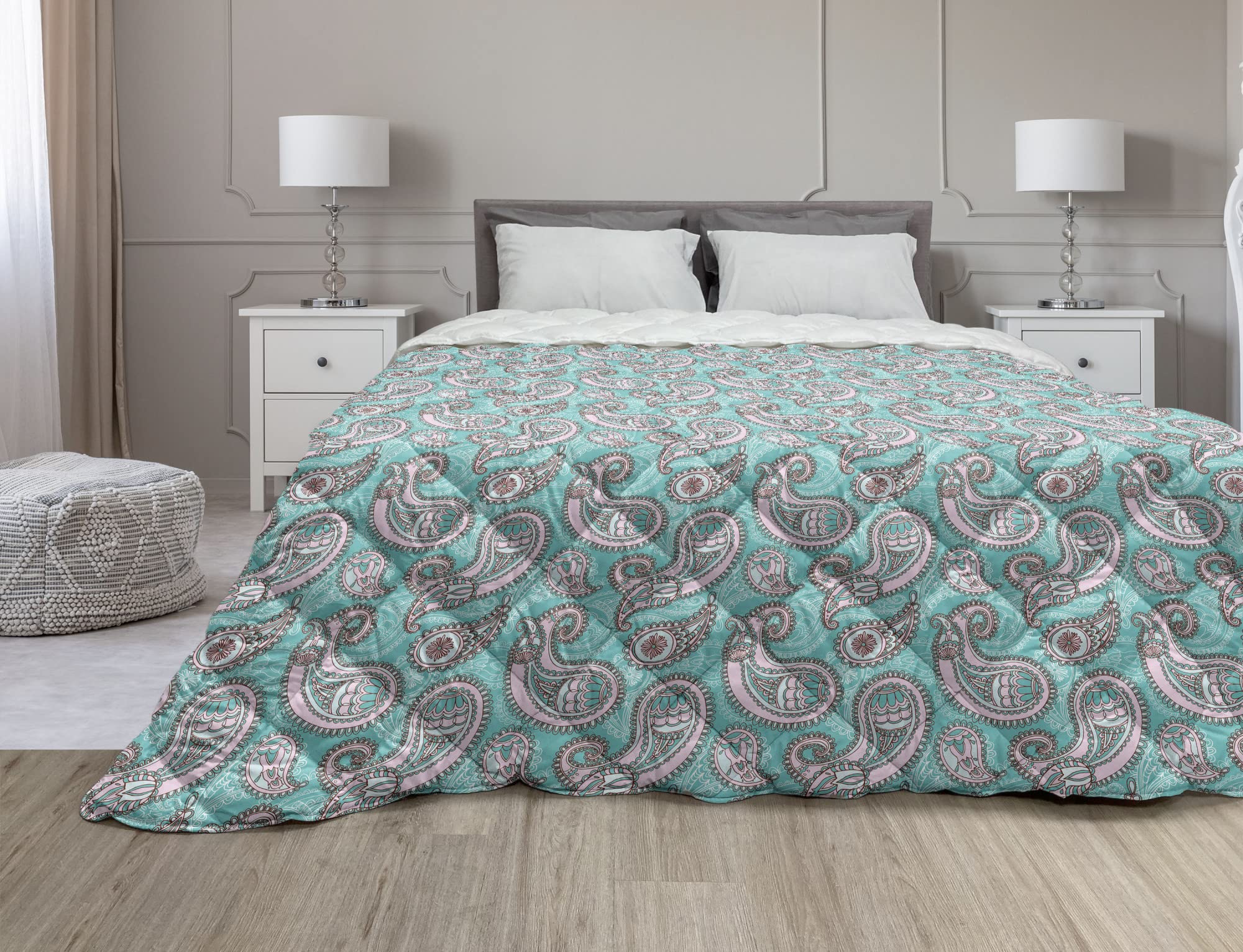 Ambesonne Paisley Down Alternative Comforter Set - Twin XL Size, Soft Microfiber All-Season Bedding, Oriental Persian Bohemian Leaf Design in Turquoise & Pale Pink - Perfect for Guest Rooms, Dorms & Cozy Bedroom Decor