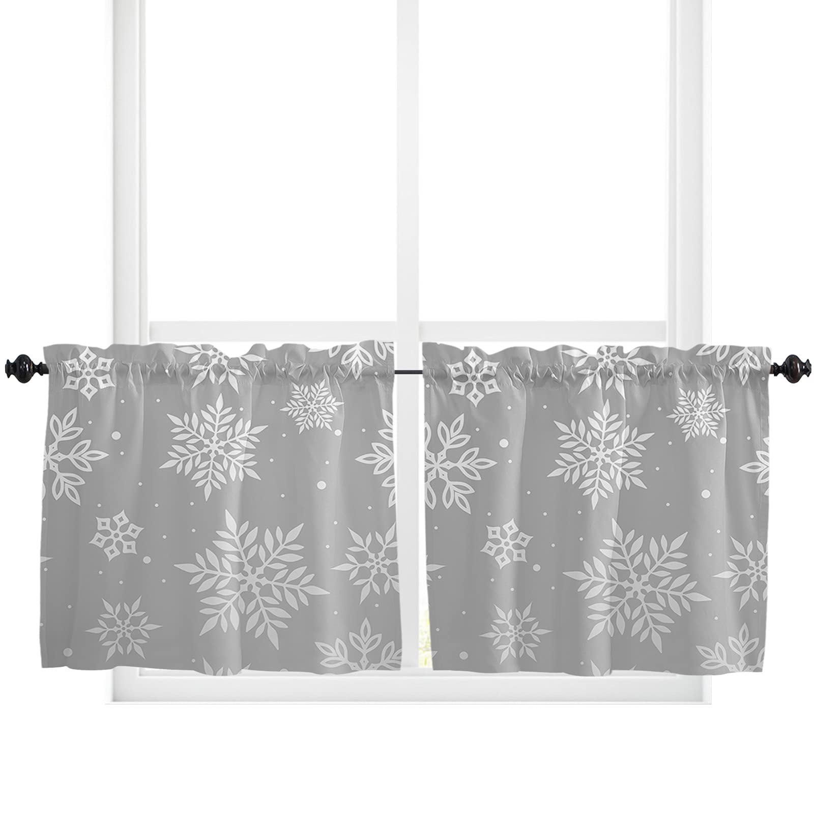 Christmas Winter Kitchen Curtains 36 Inch Length - Snowflake Holiday Grey Short Cafe Tier Drapes (Set of 2 Panels) with Rod Pocket - 55x36 Inch Window Treatments for Cozy Holiday Kitchen Decor | Perfect for Christmas Home Decor, Winter Cabin Style & Festive Dining Room Windows