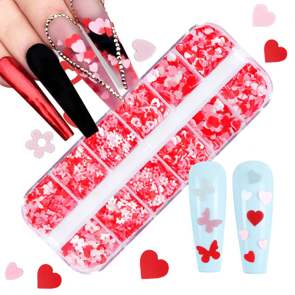 3D Heart Nail Art Stickers - Holographic Valentines Nail Glitter Sequins with Butterfly & Flower Designs - Sparkle Nail Flakes for Acrylic Nails, Gel Polish & Manicure Decorations - Perfect for Valentine's Day, Parties & Special Occasions