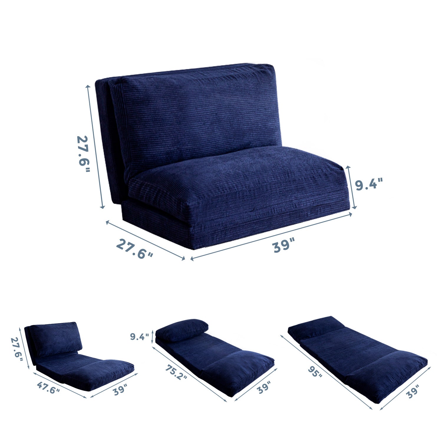 MAXYOYO Foldable Bean Bag Sofa Bed with Washable Corduroy Cover - Navy Blue | Comfortable Lounge Chair for Living Room, Bedroom & Dorm | Perfect for Relaxing, Reading & Napping