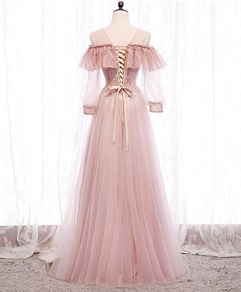 Elegant Pink Round Neck Tulle Lace Long Prom Dress for Women - Perfect for Evening Gowns, Formal Dances & Special Occasions
