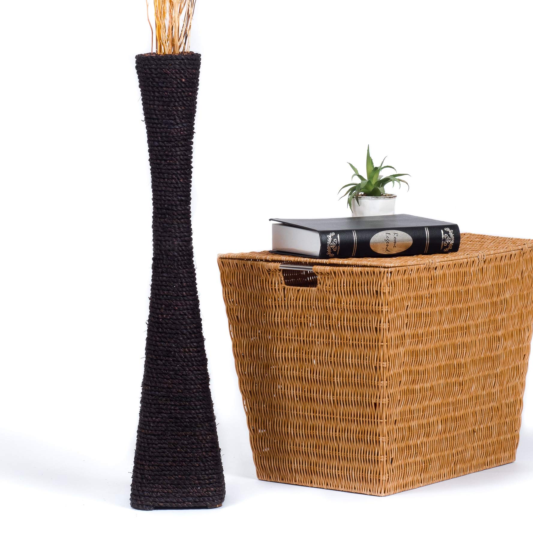 LEEWADEE Large Floor Vase - 28 Inch Handmade Bamboo & Bast Flower Holder, Elegant Funnel Vessel for Decorative Branches, Black - Perfect for Living Room Decor, Wedding Centerpieces & Boho Home Styling