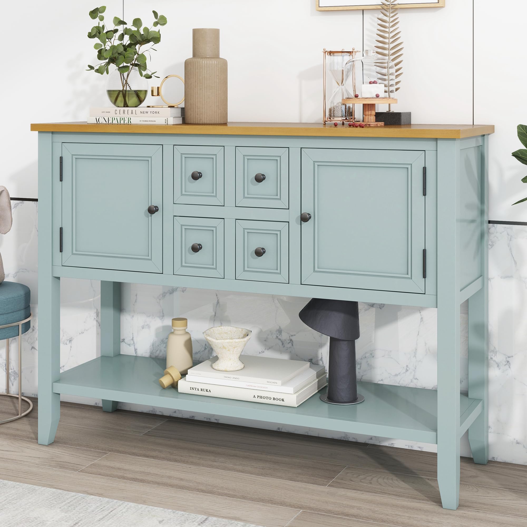 P PURLOVE Modern Console Table with Storage Drawers & Cabinets - Buffet Sideboard Sofa Table with Bottom Shelf - Lime White Finish for Living Room, Entryway & Hallway Decor
