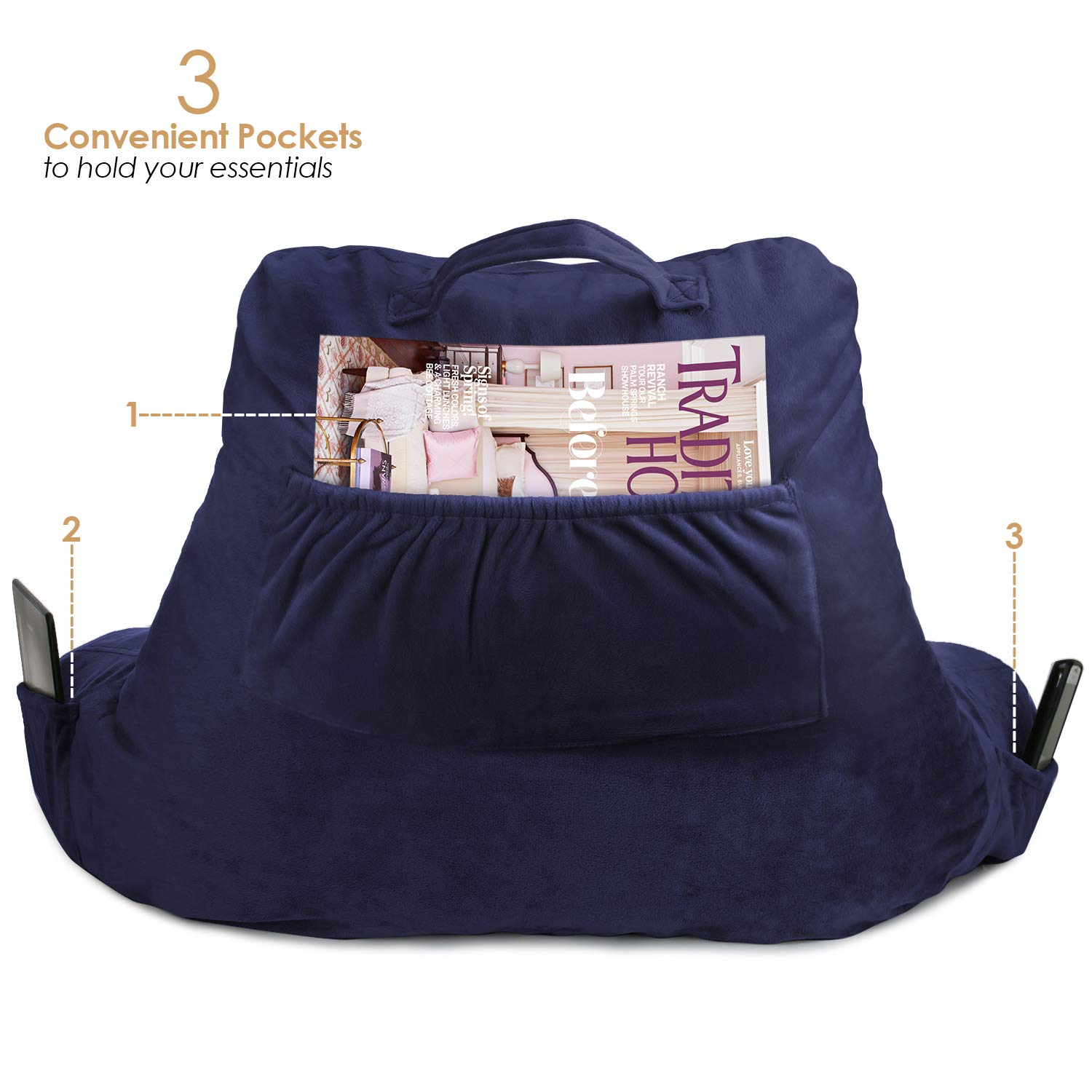 Clara Clark Kids Reading Pillow - Memory Foam Back Support Cushion with Arms & Pockets for Sitting in Bed - Navy Blue Gaming Pillow for Children's Bedroom, Study & Relaxation