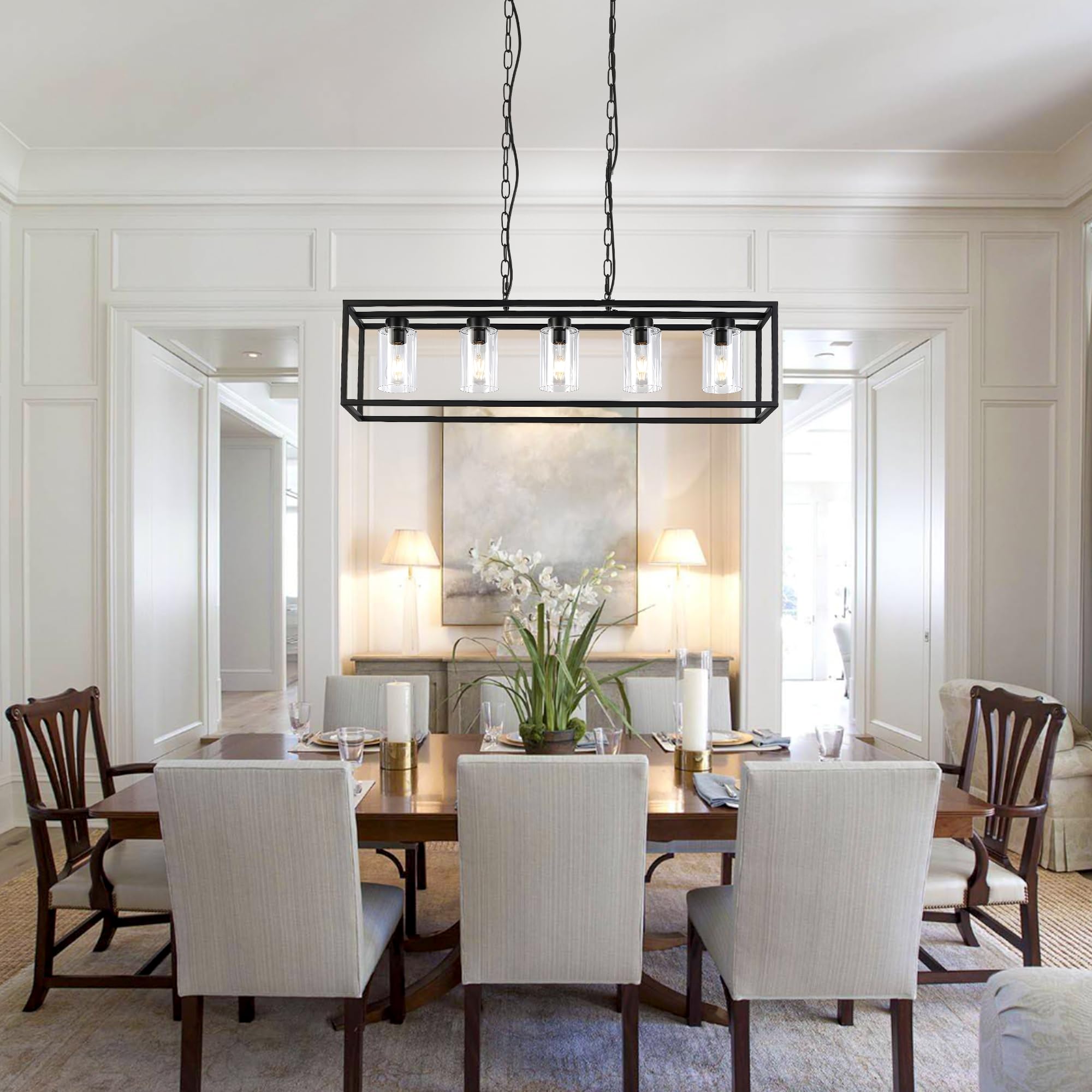 5-Light Black Kitchen Island Pendant Lighting with Clear Glass Shade - Modern Farmhouse Style Dining Room Chandelier - Perfect for Kitchen, Dining Room, Bar, Foyer and Entryway Lighting