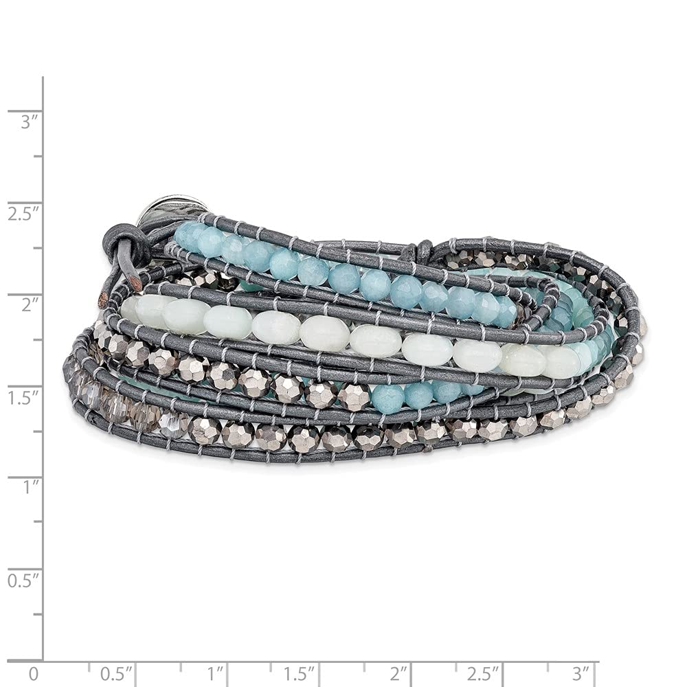 Aquamarine Blue Quartz Crystal Leather Multi-Wrap Bracelet for Women - Elegant Fine Jewelry Gift for Her, 34 Inch - Perfect for Weddings, Parties & Everyday Wear