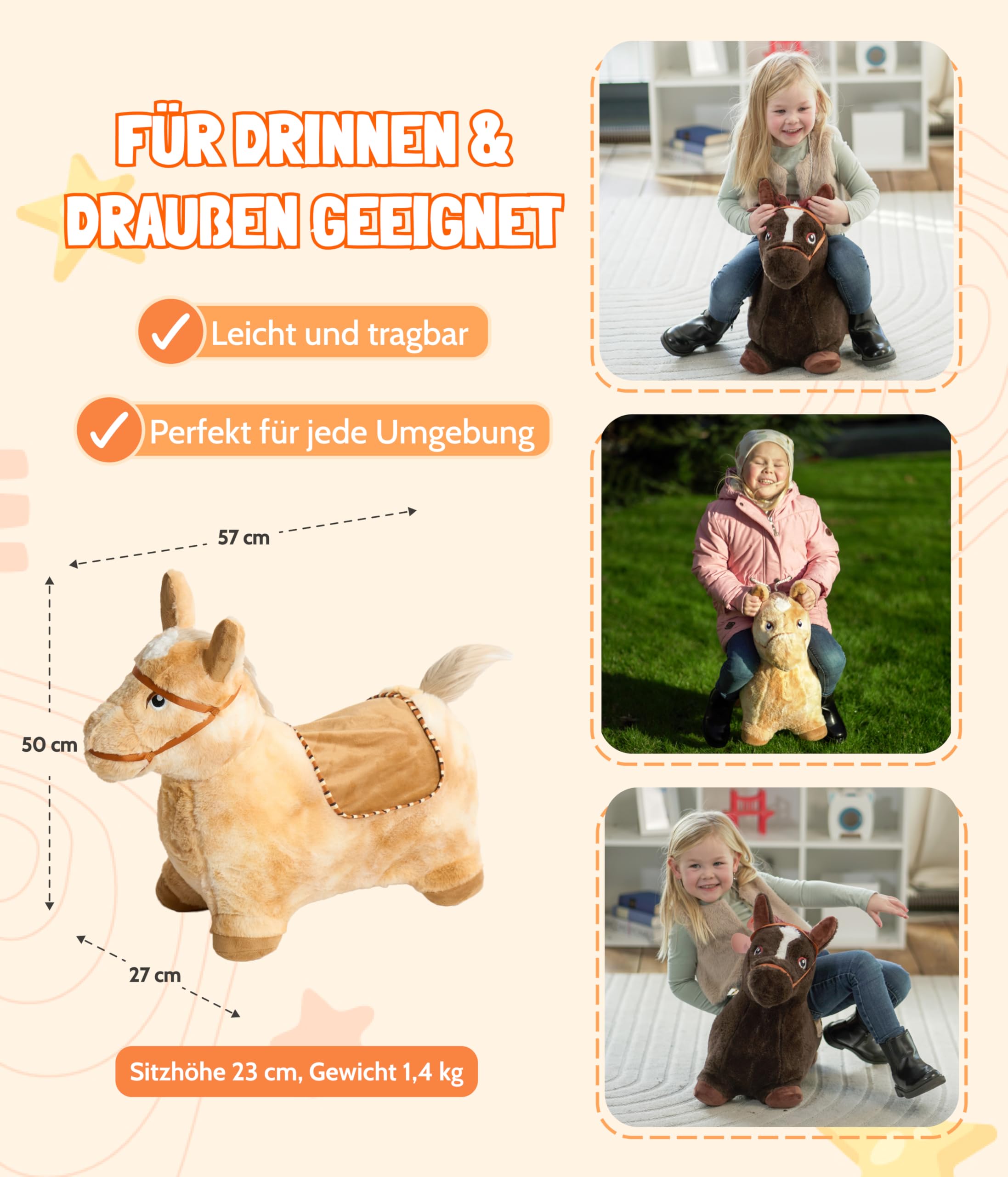 Bayer Chic 2000 Inflatable Horse with Air Pump - Large Brown (401 30) for Kids' Playroom, Birthday Parties & Outdoor Fun
