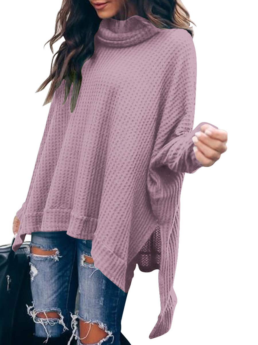 MILLCHIC Women's Oversized Waffle Knit Turtleneck Sweater - Batwing Sleeve Loose Pullover Tunic Top with High Low Hem & Side Slit | Casual Fall Winter Fashion, Layering Essential, Office Wear & Weekend Outfits