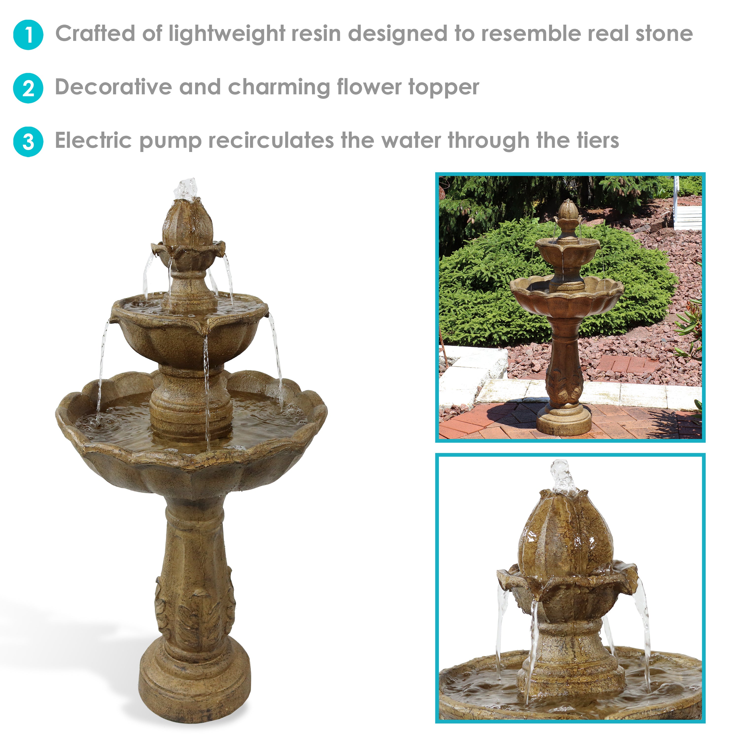 Sunnydaze Blooming Flower 2 Tier Outdoor Water Fountain - 38 Inch Tall Garden Decor for Patio, Yard & Backyard | Relaxing Water Feature for Outdoor Spaces