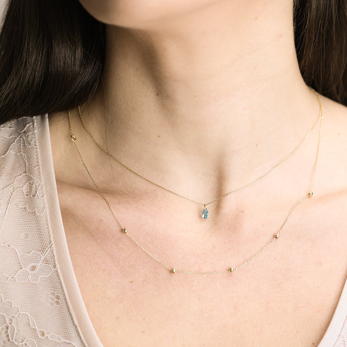 14K Solid Yellow Gold Beaded Station Necklace - Elegant Layering Jewelry for Women, Perfect for Everyday Wear & Special Occasions