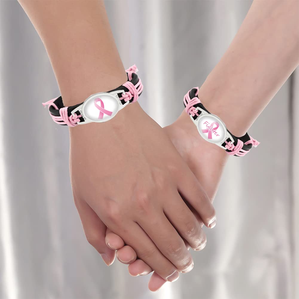 Pink Ribbon Leather Bracelet for Women - Handmade Woven Breast Cancer Awareness Jewelry, Fighter Gift for Survivors & Supporters - Perfect for Fundraisers, Awareness Events & Daily Wear