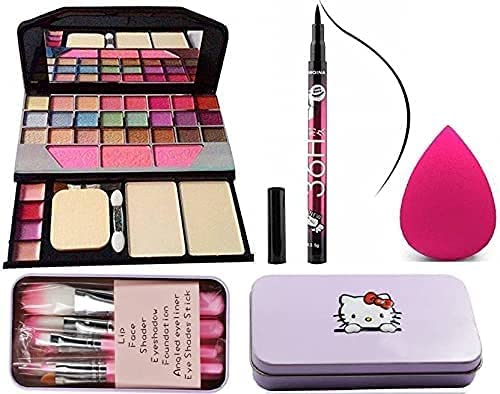 Women's & Girl's Tya 5024 Multicolor Makeup Kit with 7 Pink Makeup Brushes, 36H Waterproof Eyeliner & Yellow Beauty Blender (10-Piece Set) - Perfect for Parties, Halloween, Cosplay & Everyday Glam