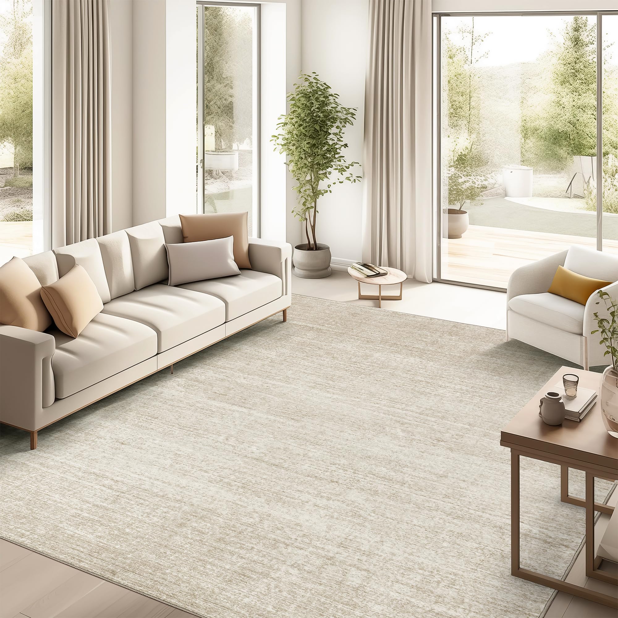 Valenrug Washable Rug - Stain Resistant Non-Slip Area Rug for Living Room & Bedroom | Machine Washable Foldable Printed Carpet (Beige, 9'x12') - Perfect for High-Traffic Areas, Pet-Friendly Homes & Easy Cleaning