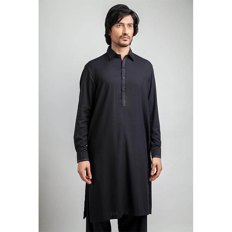 Elegant Double Collar Black Formal Shalwar Kameez for Men - Perfect for Weddings, Parties & Special Occasions