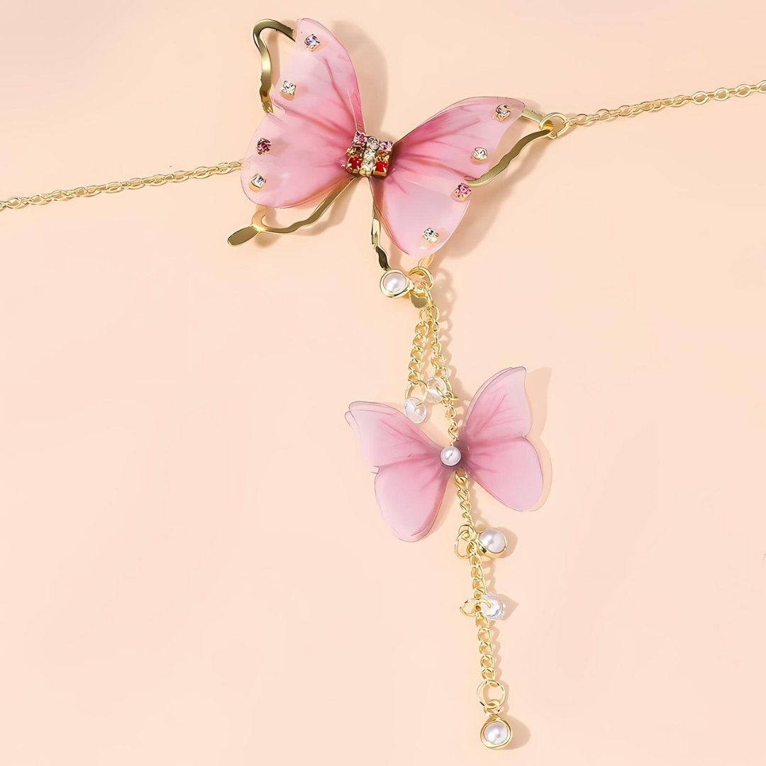 Elegant Pink Butterfly Tassel Lariat Y Necklace with Pearl Accents | Dainty Boho Jewelry for Women | Perfect for Parties, Weddings & Date Nights | HN3246