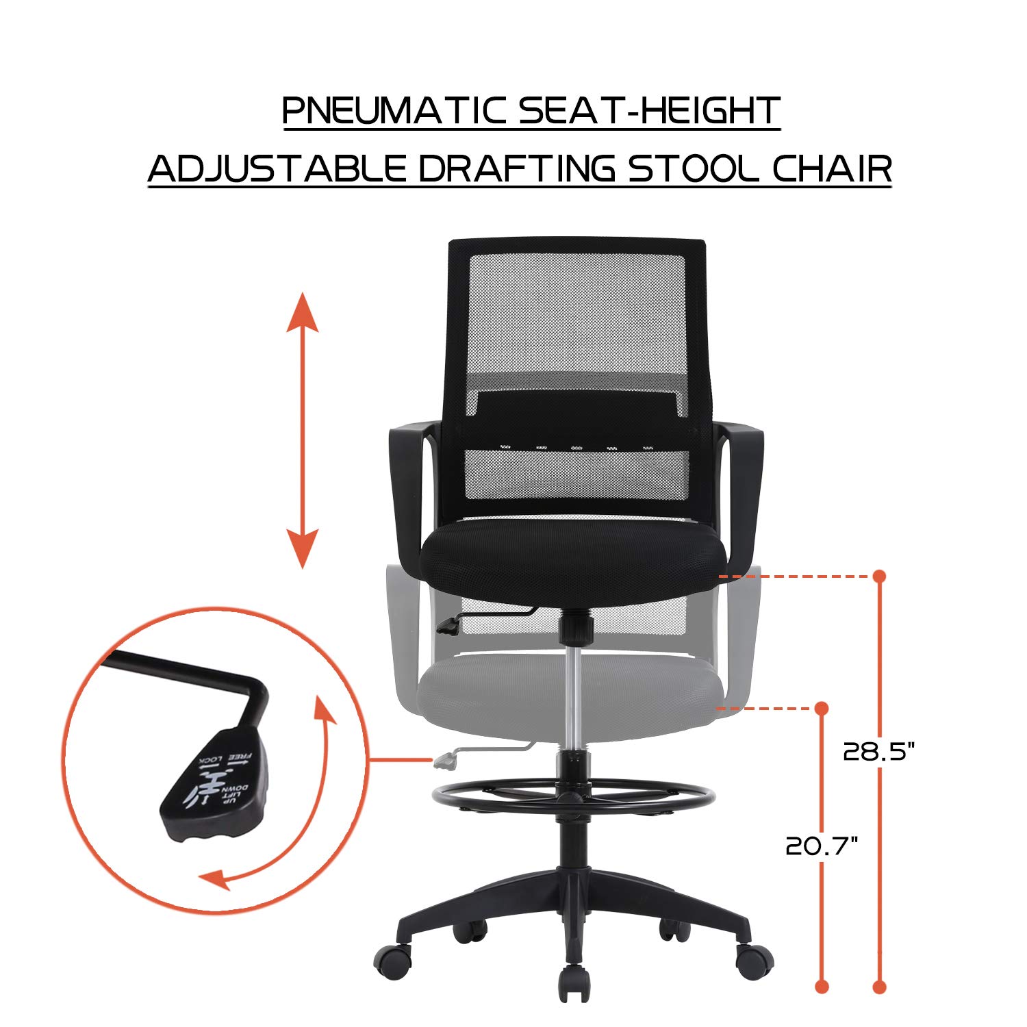 Ergonomic Adjustable Height Drafting Chair with Lumbar Support & Foot Ring - Mid Back Mesh Office Chair for Home & Workstation - Perfect for Architects, Designers & Long Hours Computer Work (Black)