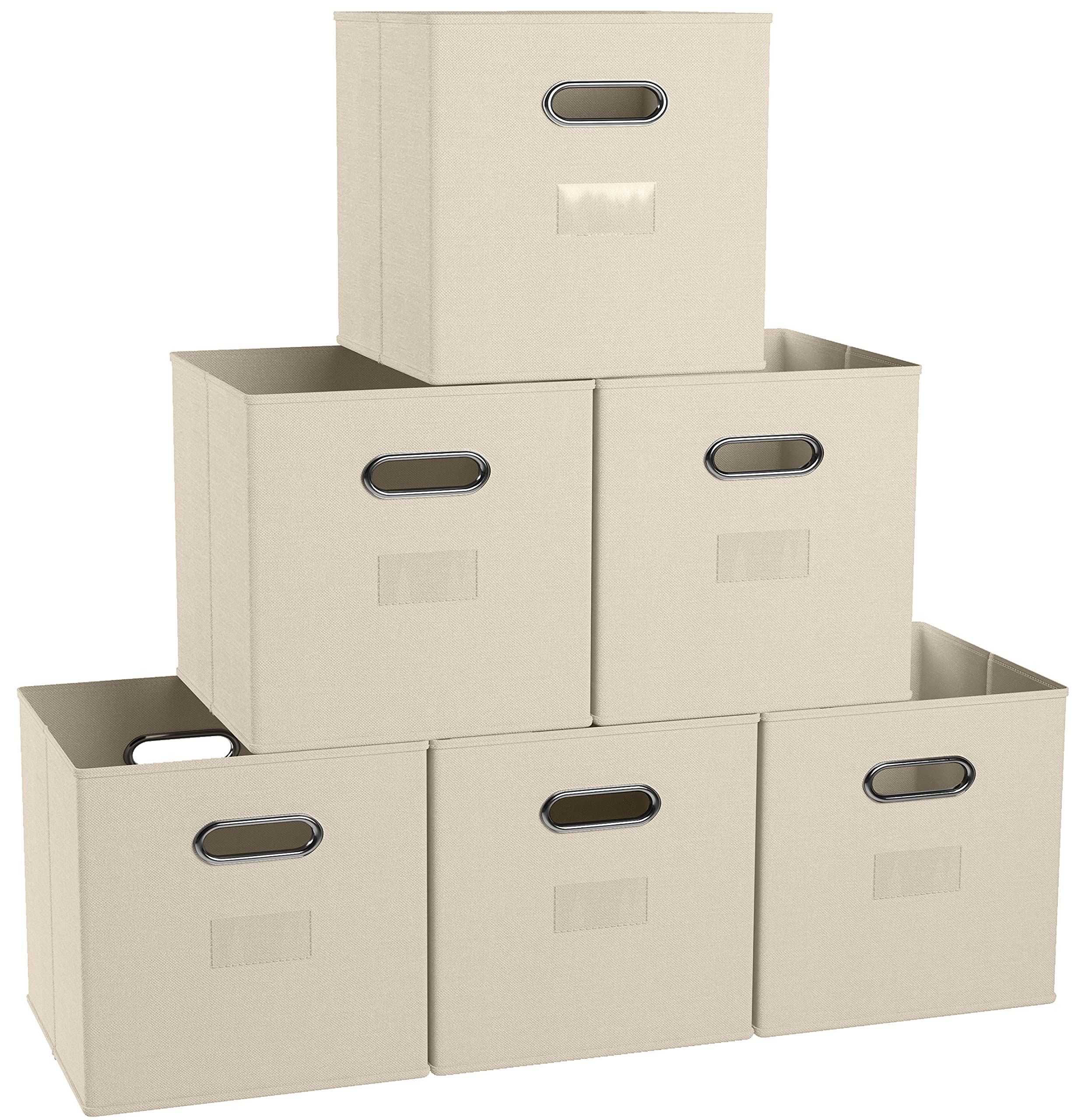 Ornavo Home Foldable Storage Bins 6-Pack - 12x12x12 Inches, Beige Fabric Cube Organizer with Dual Handles & Window Pockets - Perfect for Closet, Nursery, Office & Home Organization