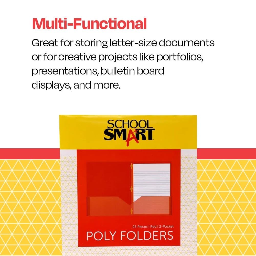 School Smart 2-Pocket Poly Folders with Fasteners - Red (Pack of 25) - Durable Plastic Folders for Classroom Organization, Homework, and Document Storage