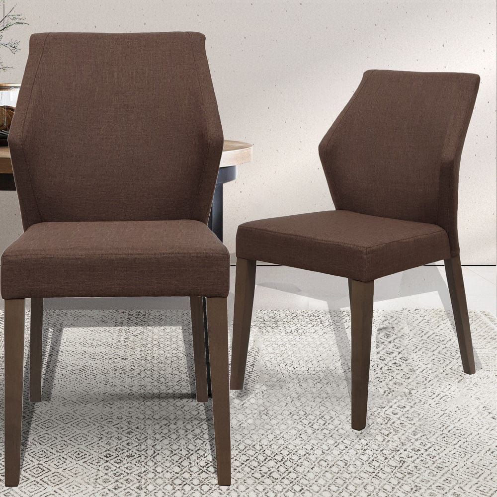 Modern Winged Back Dining Chairs Set of 2 - Brown Fabric Upholstery with Grey Oak Rubber Wood Legs - Elegant Home Dining Room Furniture for Kitchen, Breakfast Nook & Formal Entertaining