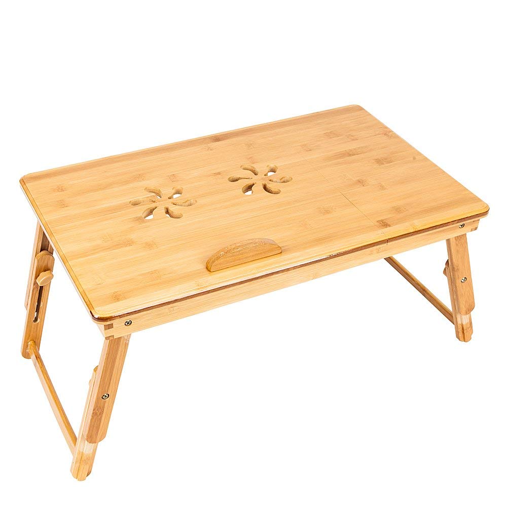 Adjustable Bamboo Laptop Desk with Tilting Shelf & Drawer - Foldable Legs, Multifunctional Breakfast Serving Tray - Double Flowers Wood Color - Perfect for Home Office, Bed, Sofa & Dining Table Use
