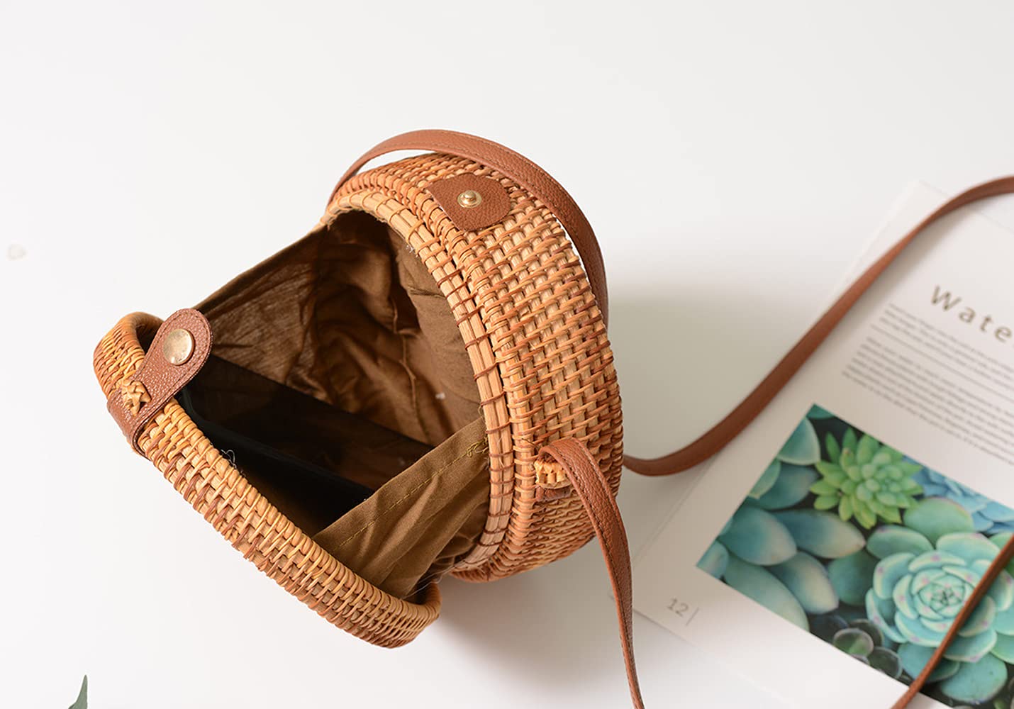 Handwoven Round Rattan Shoulder Bag - Natural Woven Beach Bag with Leather Strap for Women - Perfect for Tropical Vacations, Summer Outings & Boho Fashion Accessories