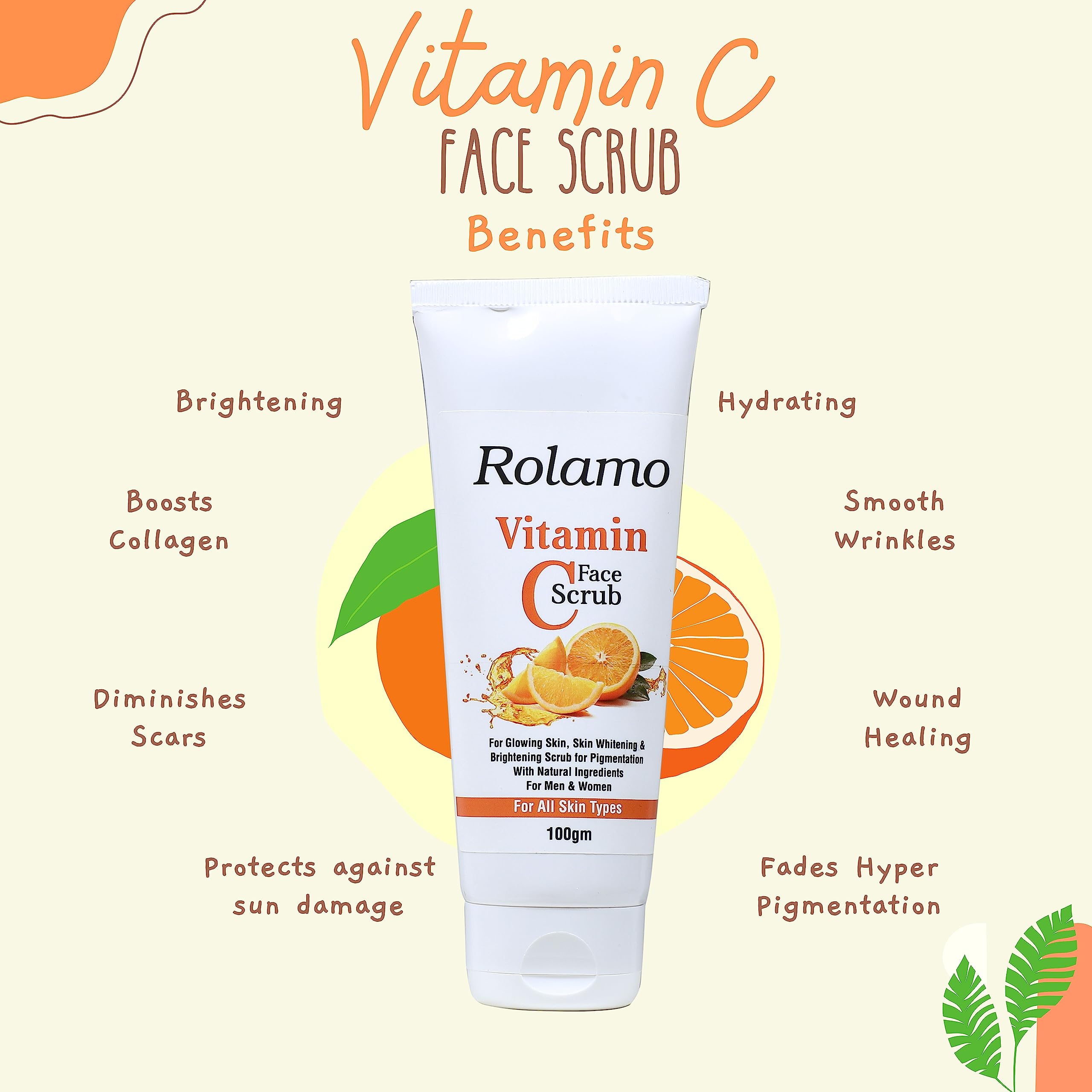 Rolamo Vitamin C Skincare Set - Brightening Face Wash, Moisturizer, Sunscreen, Toner & Serum for Glowing Skin (100ml Face Wash + 100ml Scrub + 30ml Serum) | Daily Anti-Aging Routine for Women & Men | Perfect for Morning & Night Skincare Regimen