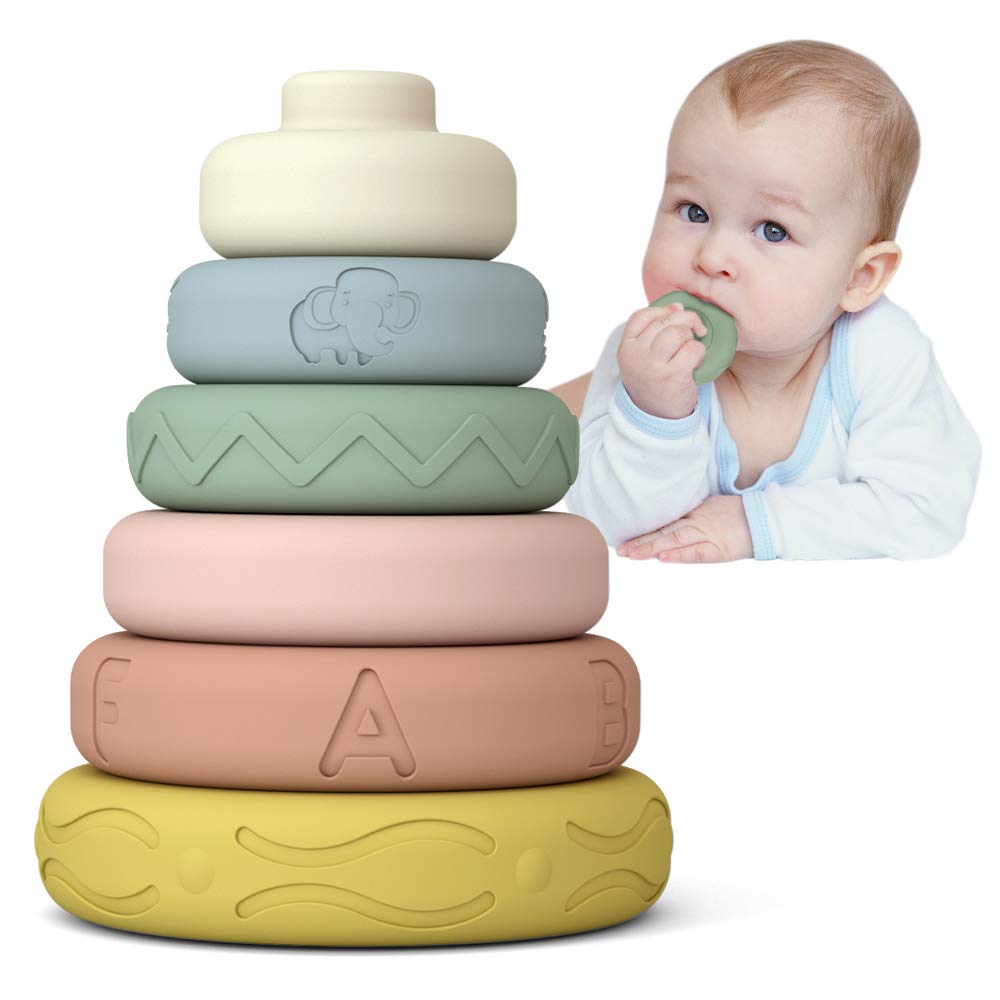 6 PCS Baby Stacking & Nesting Toys - Soft Stacking Blocks Ring Stacker with Letters, Animals & Shapes | Sensory Teether & Early Learning Toys for Babies & Toddlers (6+ Months) | Perfect for Playtime, Teething Relief & Montessori Learning