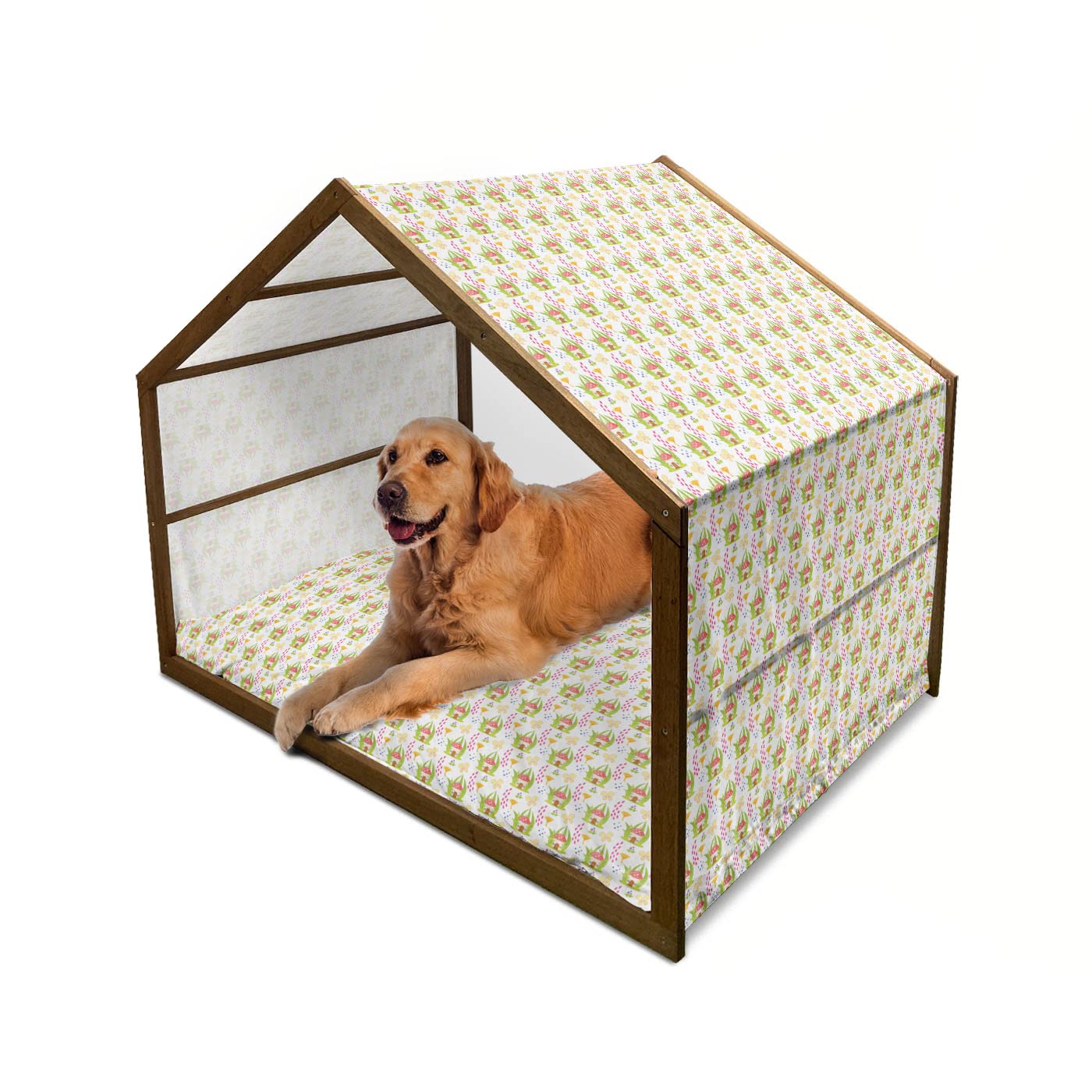 Ambesonne XXL Mushroom Wooden Dog House - Spring Forest Toadstool Design Indoor/Outdoor Portable Pet Kennel with Pillow & Cover, Multicolor - Perfect for Backyards, Patios & Cozy Home Decor