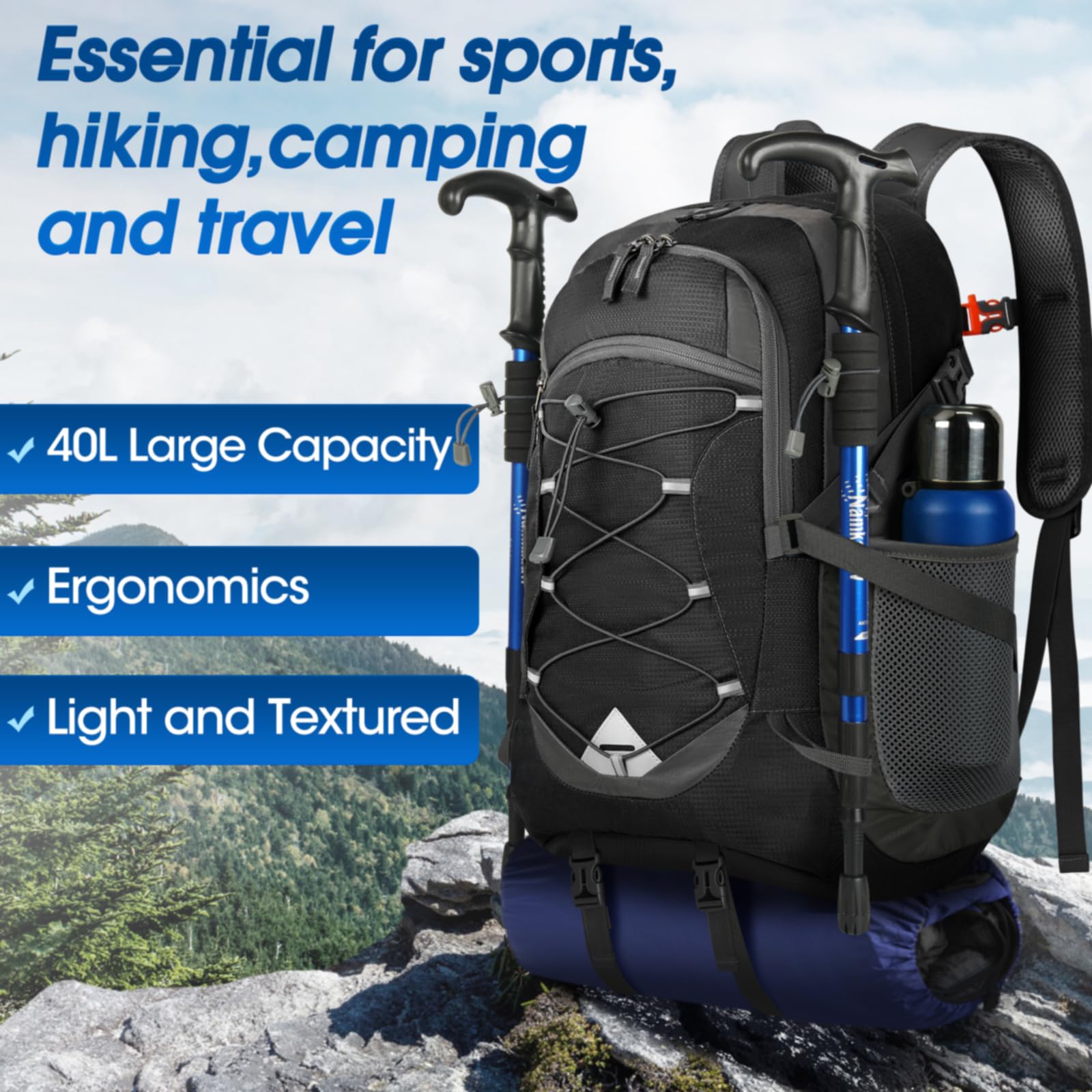 IGOLUMON 40L Lightweight Hiking Backpack - Waterproof Camping Backpack for Men & Women, Foldable Travel Daypack for Outdoor Adventures, Hiking, Camping & Travel