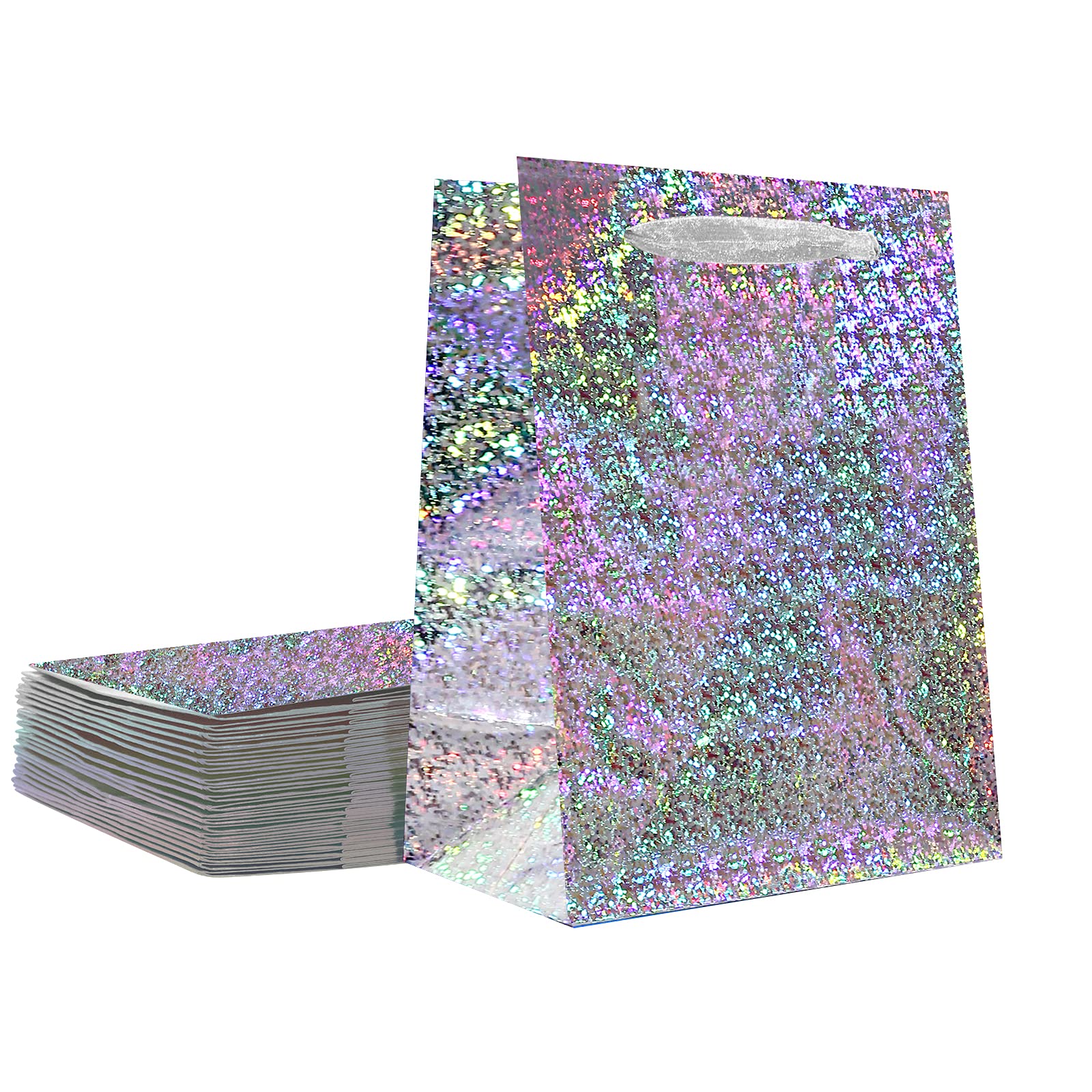 12PCS Large Holographic Silver Foil Gift Bags with Handles 12x10x5 Inch - Party Favor Bags, Wedding, Birthday, Candy & Shopping Bags - Perfect for Birthday Parties, Baby Showers, Wedding Favors & Holiday Gift Giving