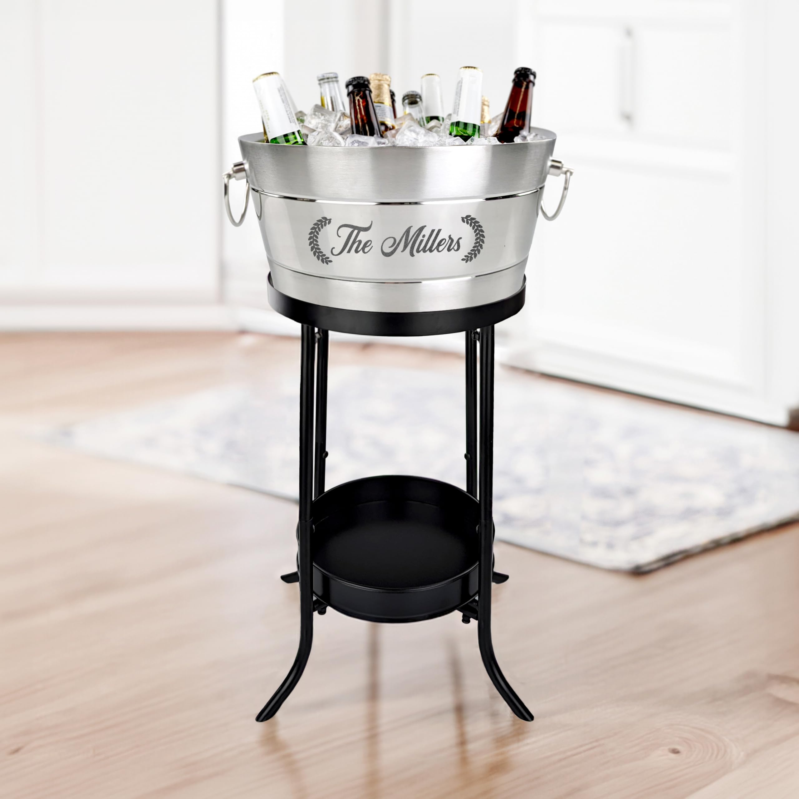 BREKX Personalized Hammered Stainless Steel Double-Wall Insulated Drink Tub with Stand & Ice Bucket - 12 Quart (3 Gallon) Beverage Cooler for Parties, Weddings, Anniversaries | Perfect for Outdoor Events, BBQ, Poolside Gatherings & Engagement Gifts