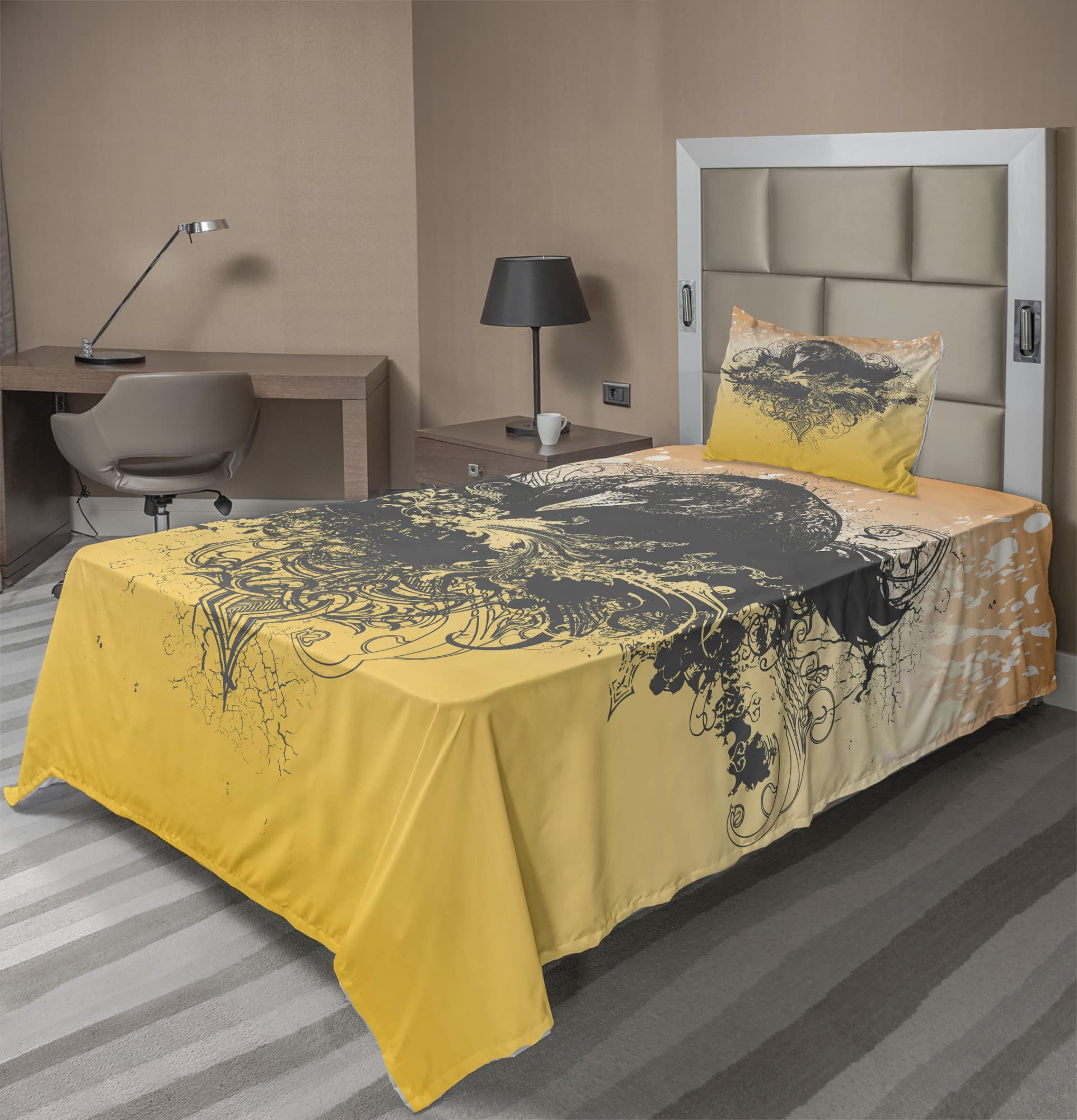 Ambesonne Halloween Bed Sheet Set - 3 Piece Wicked Crow & Ornate Flowers Printed Twin XL Sheets with Fitted, Flat Sheet & Pillowcase (Black & Mustard) | Spooky Bedroom Decor for Halloween Parties & Gothic Themed Rooms