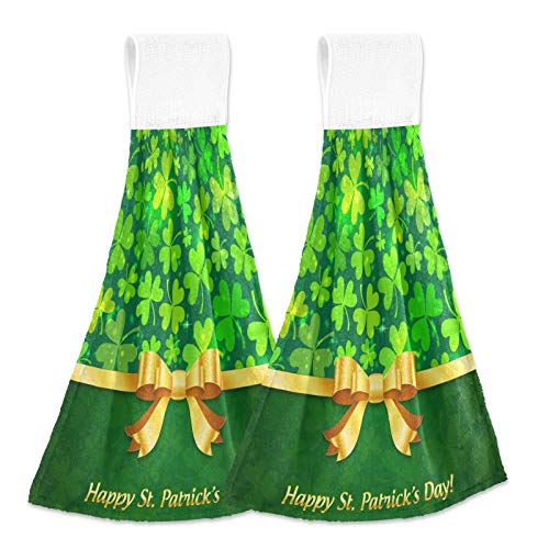 Green Shining Clovers Kitchen Hand Towels 2-Pack - Super Soft Absorbent Hanging Towels with Gold Bow (12x17 Inches) for St Patrick's Day Decor, Bathroom, Mudroom & Farmhouse - Perfect for Kitchen, Laundry Room & Holiday Home Decor