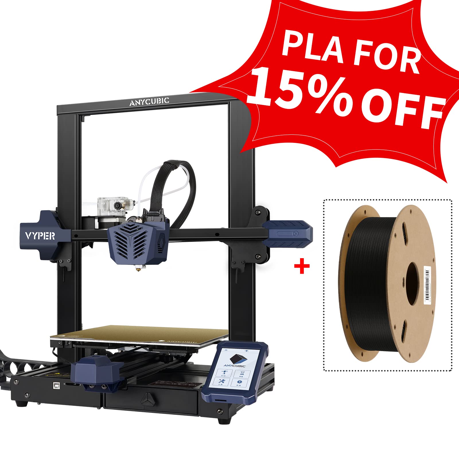 ANYCUBIC Vyper Auto-Leveling 3D Printer with PLA Filament Bundle (Matte Black) - Perfect for Home DIY Projects, Prototyping & Educational Use