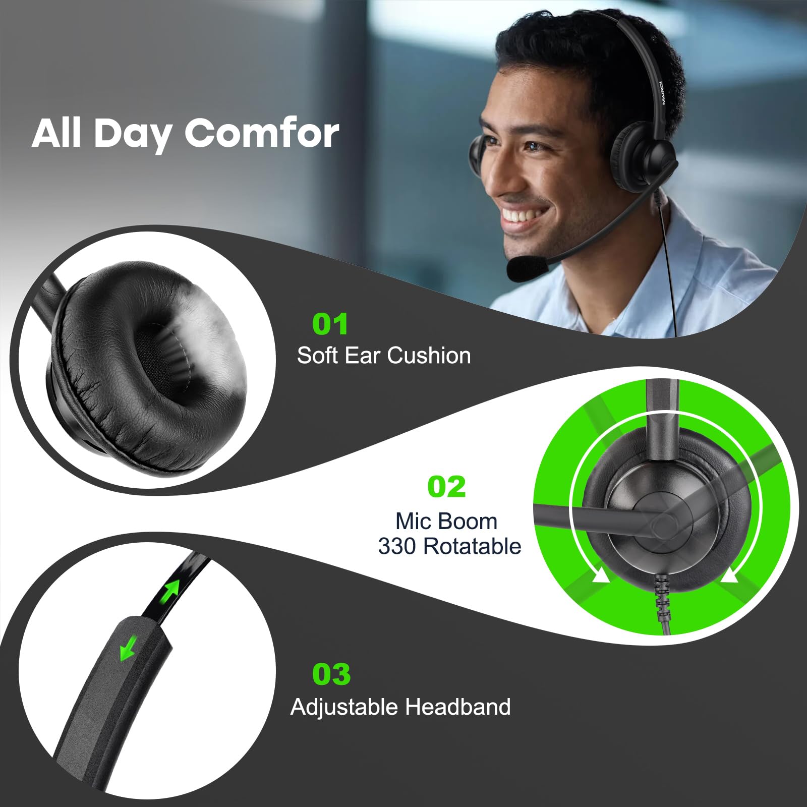 MAIRDI Noise Canceling Telephone Headset with Microphone - Binaural Office Headset for Call Centers, Compatible with Polycom Avaya Nortel - RJ9 & 3.5mm Jack for Landline Phones, Cell Phones, PC & Laptop - Ideal for Remote Work, Customer Service & Professional Calls