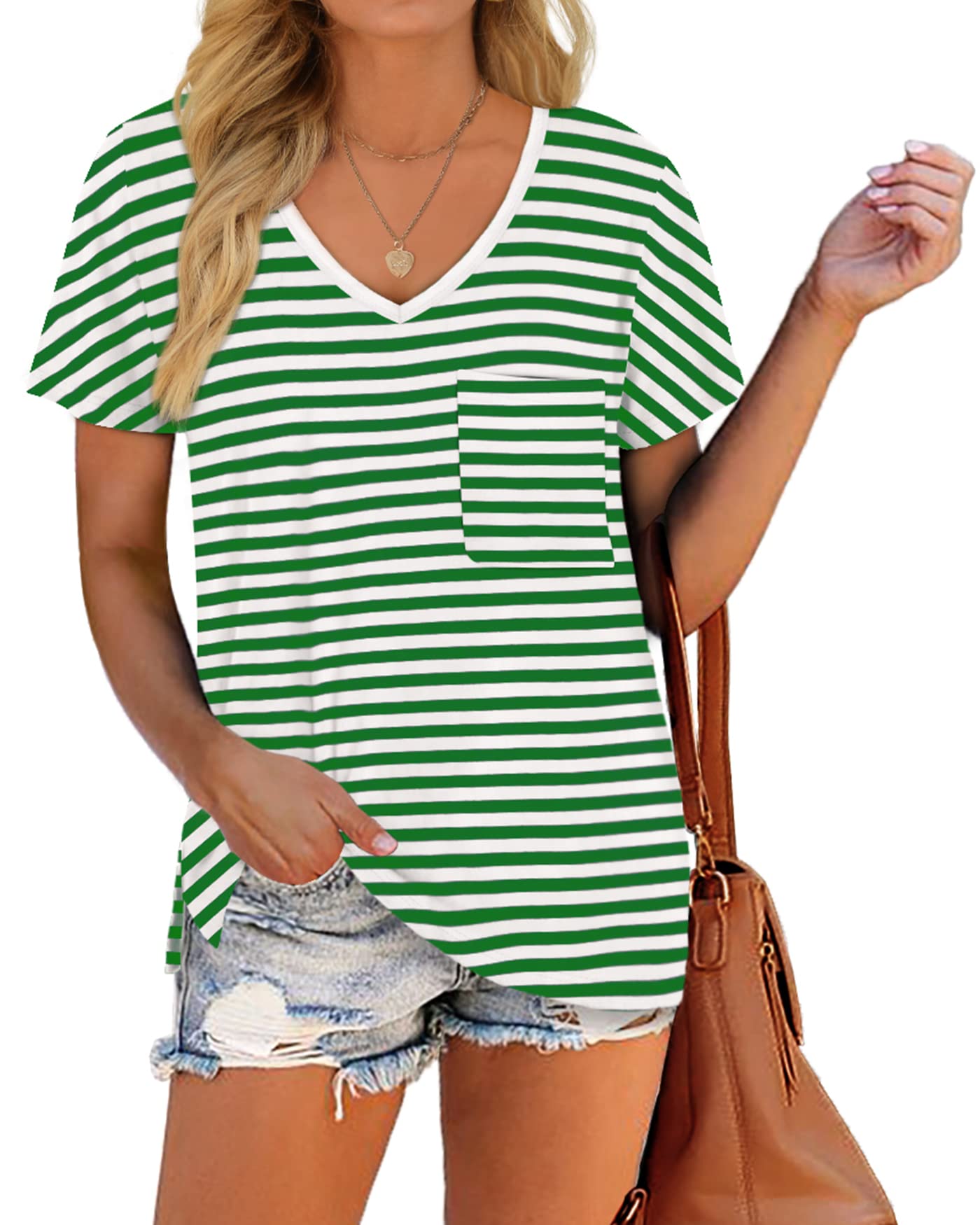 Dofaoo Women's V Neck T-Shirts - Soft Short Sleeve Casual Tee with Side Split Pocket for Summer | Perfect for Work, Travel & Everyday Wear
