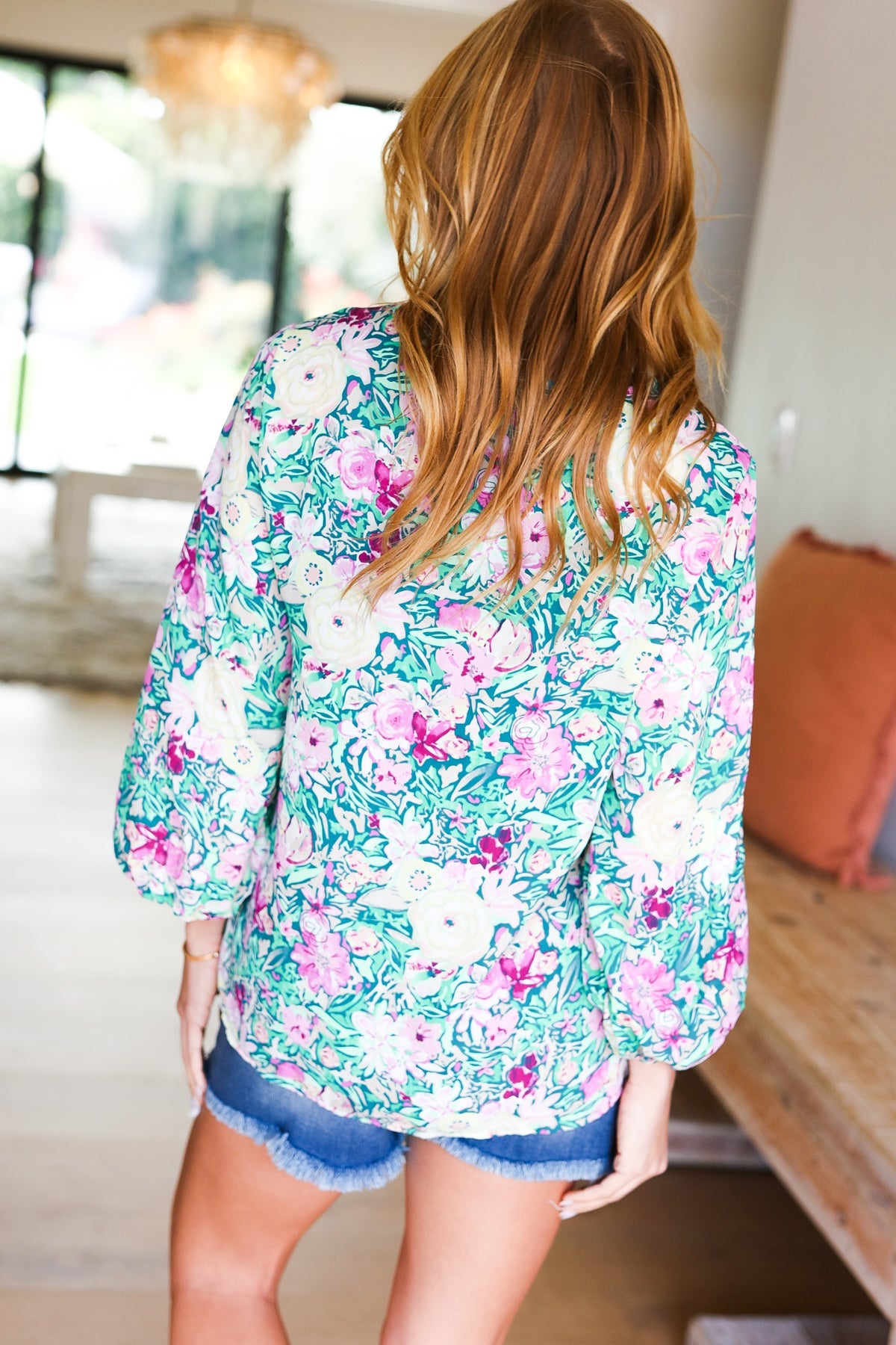 Lavender & Green Floral V-Neck Woven Top for Women | Summer Casual Blouse | Perfect for Office, Date Night & Outdoor Activities